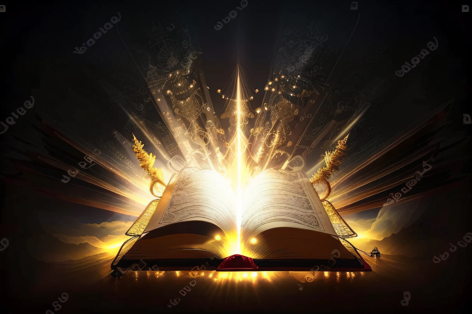 um livro aberto com uma luz brilhante saindo dele, open magic book glowing, magic book, um livro aberto, Explodindo com a Luz Santa, bible illustration, livro de fantasia, spell book, akashic, Completo - Ver, open book page, Abrindo um portal brilhante, glorioso poder sobrenatural, story book, fantasy book illustration, Raios Sagrados de Luz Espiritual, grande livro aberto