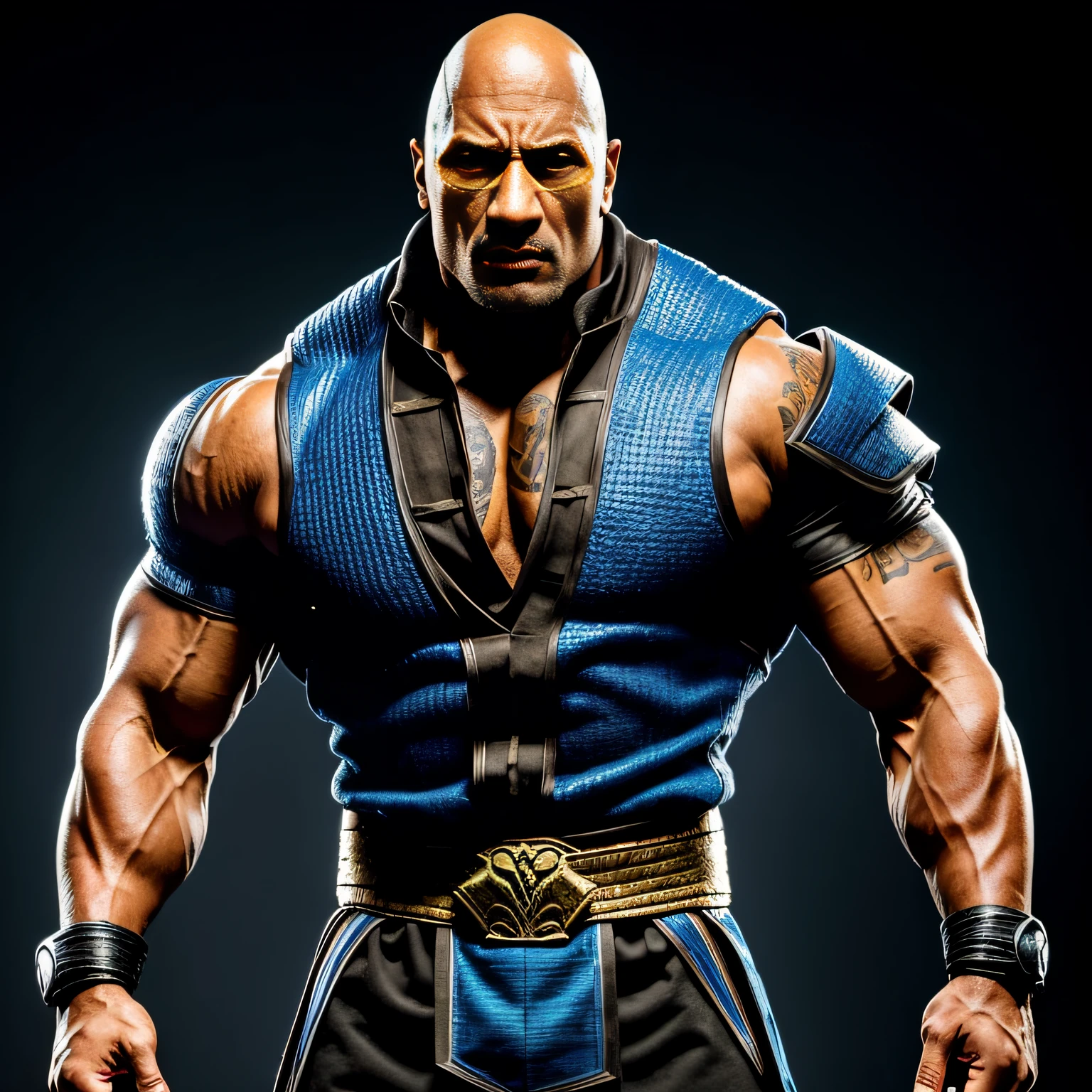 Arafed hombre con un traje azul, Personaje de Mortal Kombat, MK Ninja, En Mortal Kombat, scorpion from mortal kombat, Un retrato de Dwayne Johnson, Dwayne el Rock Johnson, Dwayne Johnson, La Roca, Retrato de Dwayne Johnson, Dwayne Johnson como personaje de Estilo de Mortal Kombat, Mortal Kombat 11, Personaje del juego de lucha Cara como de Dwayne Johnson, Protagonizada por Dwayne Johnson,