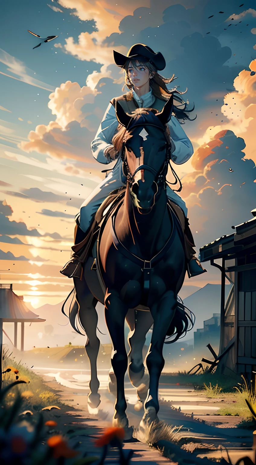 Eight horses ran across the endless prairie ，A male Western hunter rides on a white steed in front，The white steed roared into the sky，Rush to the audience，（The hunter wears a berets，Carrying a shotgun on his back，Brown cowhide boots，Visually inspect the audience，Full body appearance，(Close-up:1.2)），（A delicate depiction of the hunter's body and face），Close-up，Black horse，Red Horse，Brown horse，Eight horses of different colors，（Eight horses ran），（All eight horses appeared），Travel through vast and spectacular savannahs，Spectacular，Flying birds，（The setting sun shines obliquely:1.2)，(sun shining through clouds), Blue and pure sky，Rolling white clouds， Autumn tones，（light and shadow effect），（Depth of field effect），（Tyndall），（Light particle tracing），（OilPaintStyle），（CG），（Cinematic lighting visuals），（Volumetriclighting），（Unreal 5），（cinema4d），（vivd colour）,（Obvious layers）,（Photography Award）,（8k wallpaper）,（Masterpiece）,（best qualtiy）, photorealestic，realisticlying