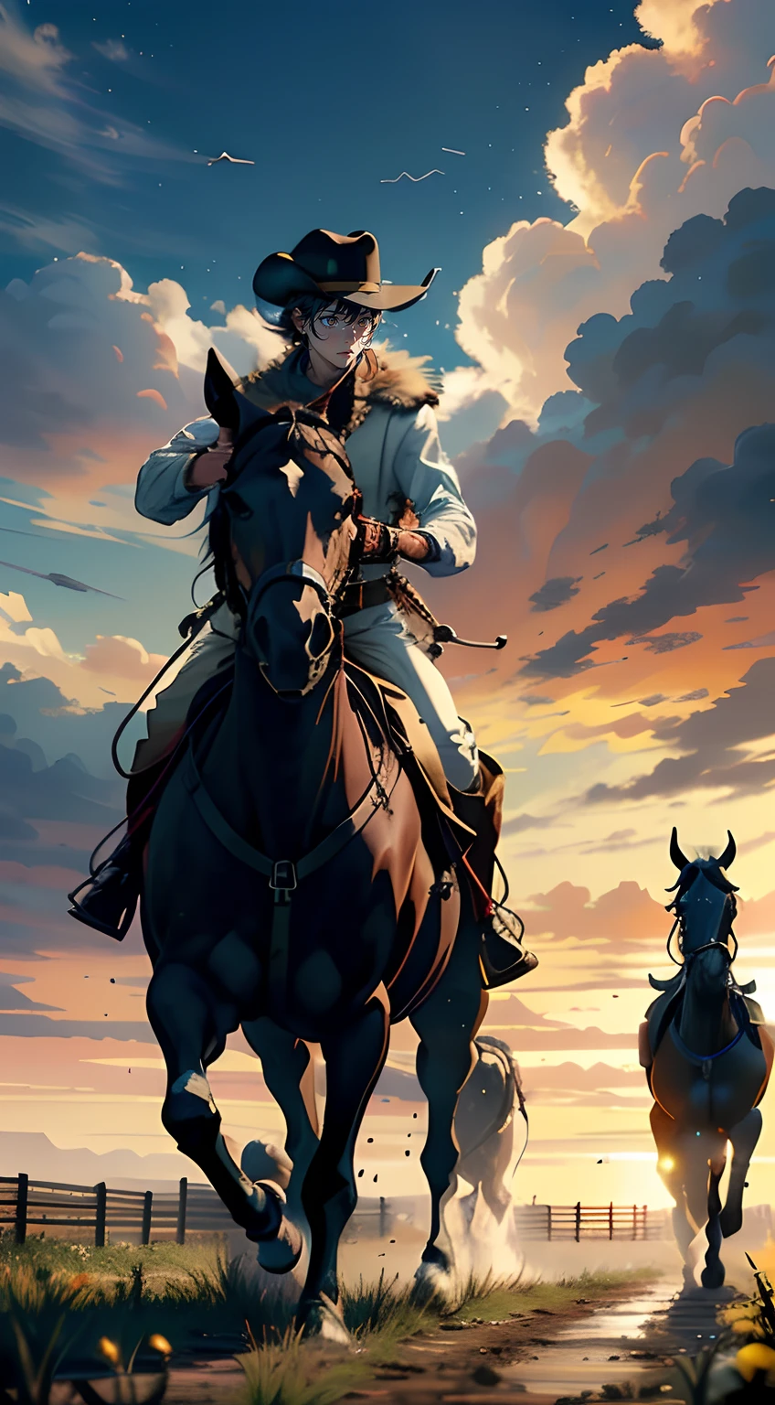 Eight horses ran across the endless prairie ,A male Western hunter rides on a white steed in front,The white steed roared into the sky,Rush to the audience,(The hunter wears a berets,Carrying a shotgun on his back,Brown cowhide boots,Visually inspect the audience,Full body appearance,(Close-up:1.2)),(A delicate depiction of the hunter's body and face),Close-up,Black horse,Red Horse,Brown horse,Eight horses of different colors,(Eight horses ran),(All eight horses appeared),Travel through vast and spectacular savannahs,Spectacular,Flying birds,(The setting sun shines obliquely:1.2),(sun shining through clouds), Blue and pure sky,Rolling white clouds, Autumn tones,(light and shadow effect),(Depth of field effect),(Tyndall),(Light particle tracing),(OilPaintStyle),(CG),(Cinematic lighting visuals),(Volumetriclighting),(Unreal 5),(cinema4d),(vivd colour),(Obvious layers),(Photography Award),(8k wallpaper),(Masterpiece),(best qualtiy), photorealestic,realisticlying