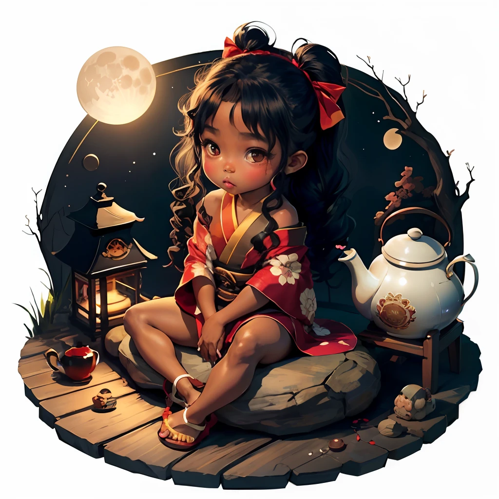 Cute dark brown skinned baby chibi anime, grey and pink kimono, sit in the teapot, moon, long curly black hair, clear toes, clear feet, freckle face, wear sandals, hair tied up