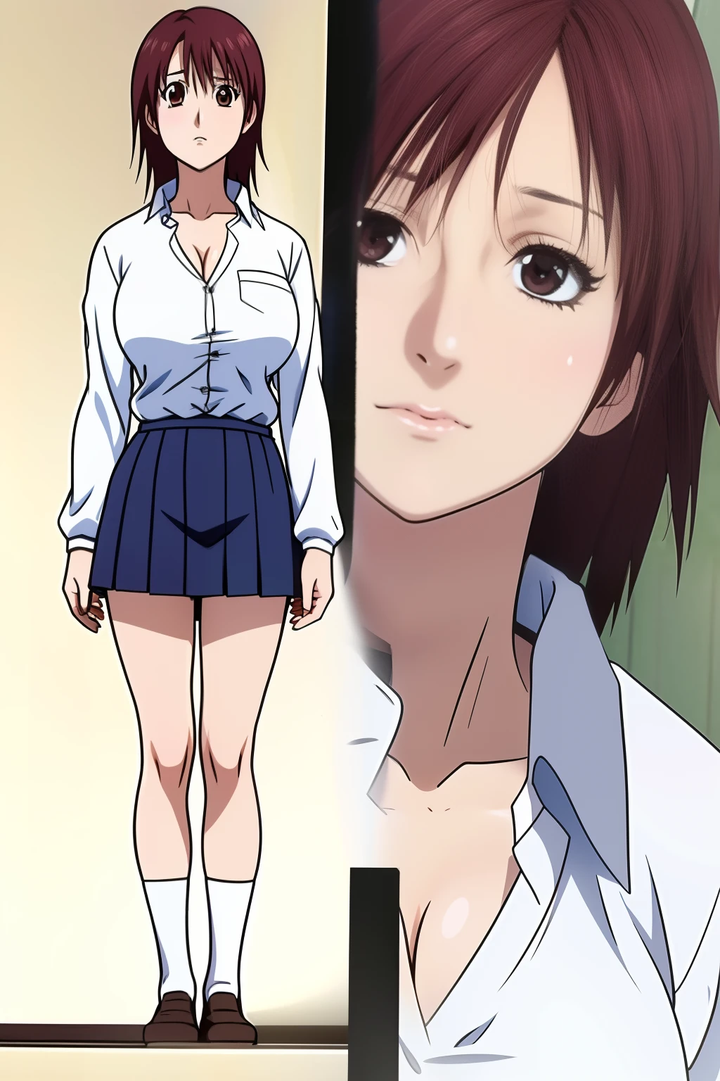 Kei kishimoto, brown hair, tomboyish hair, brown eyes, white shirt, medium breasts, cleavage, blue skirt, short socks, thighs, brown shoes, Wallpaper, close up, standing, front of view, hands under her breasts, face portrait, leaning foward, tease