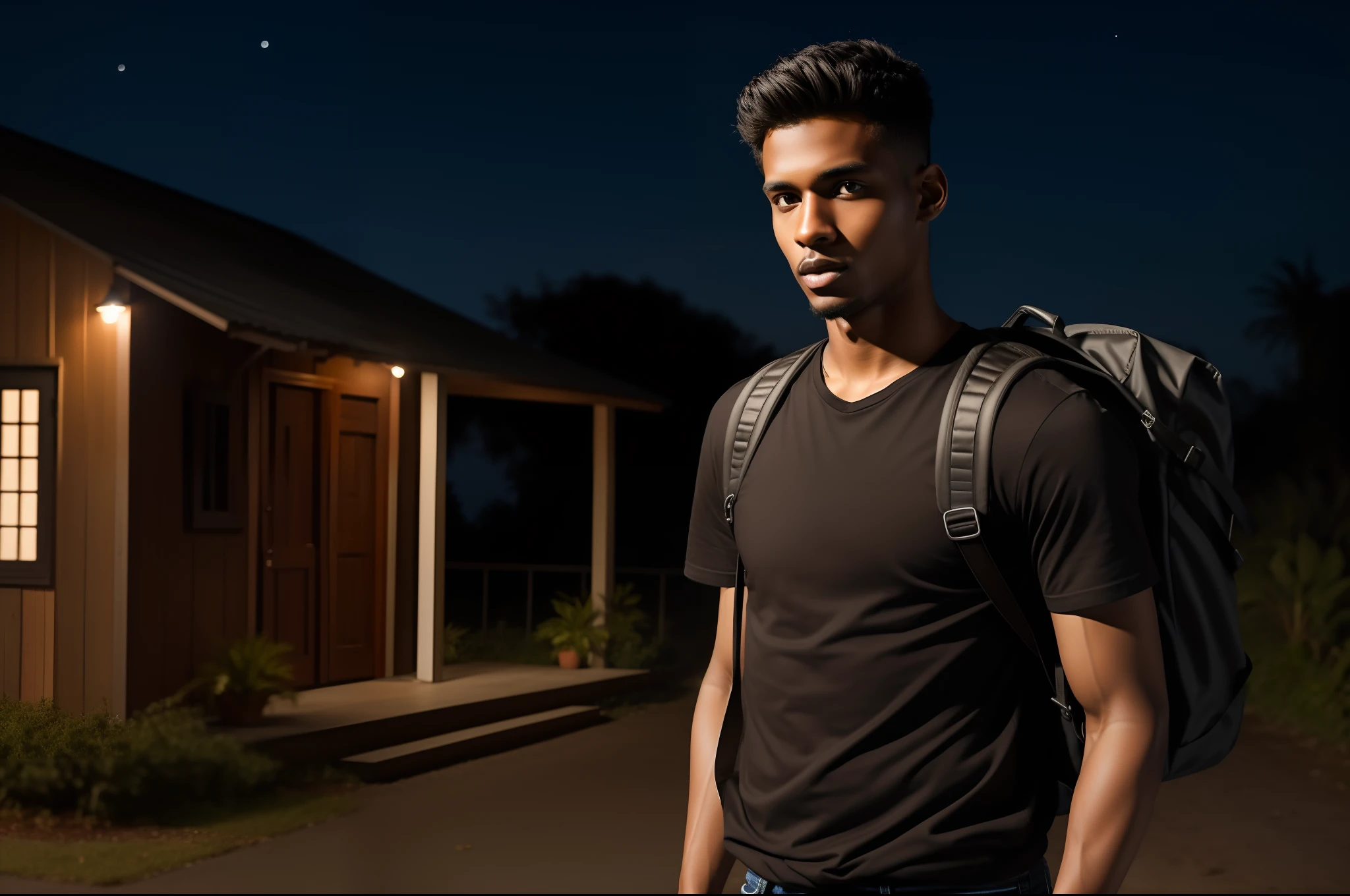 realistic image of a 25-year-old man, brown skin, thin body, short hair, Latin features, black shirt and jeans, carrying a backpack on his back, talking in a night farm