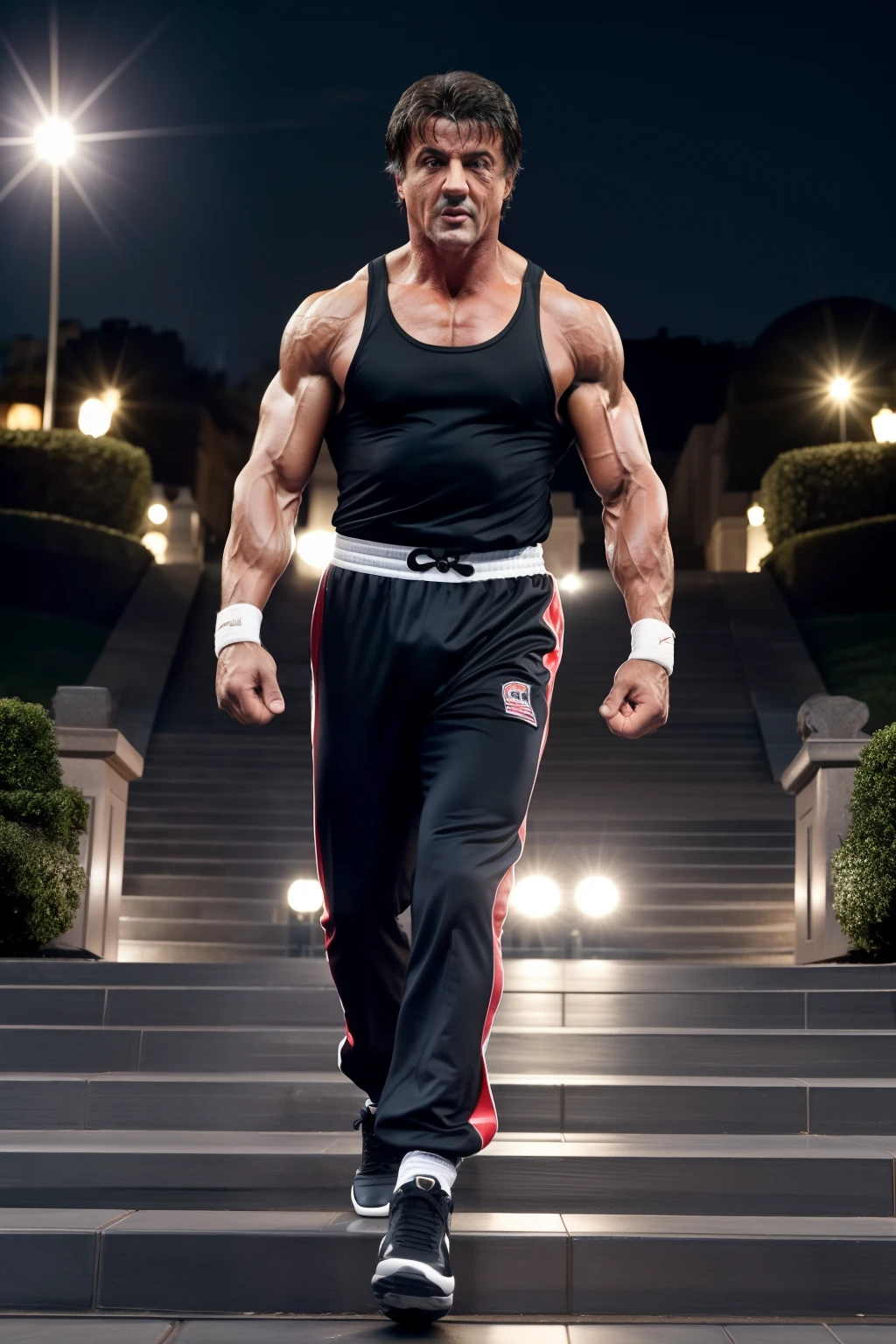 Craft an iconic image of Sylvester Stallone as Rocky Balboa, standing proudly on the Rocky Steps, his attire echoing the spirit of the character and the moviem Balanced lighting that highlights Sylvester Stallone's presence and the iconic steps. Capture Sylvester Stallone in a medium shot, emphasizing his upper body and the grandeur of the Rocky Steps. Position the camera at eye level, showcasing his confidence and determination ::n_Generate an image that portrays Sylvester Stallone on the steps in a way that lacks the energy and determination associated with Rocky Balboa