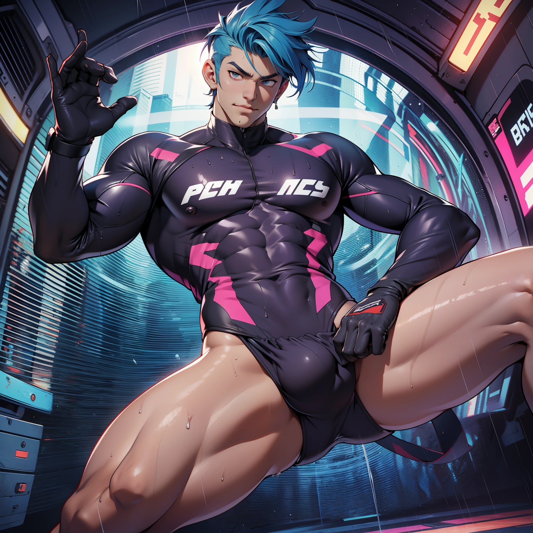 A tall muscular boy , Naked , Legs spread , impact , Sweaty , Wet , Seductive , Bigboobs , large bulge , big balls , look from down , From the knees , big assa,(The whole body of the character)mechs,punky style