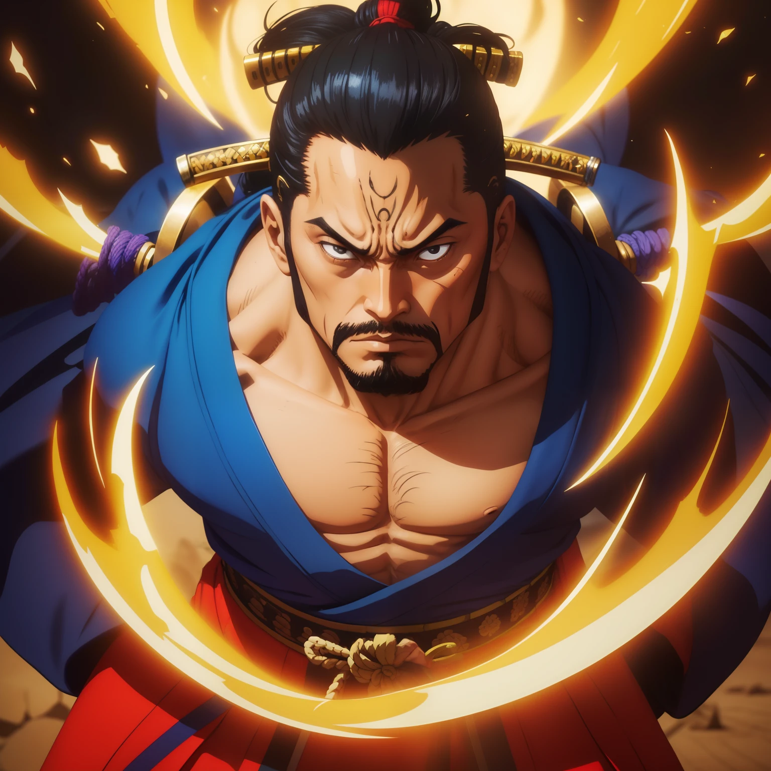 Personagem masculino, samurai, cicatrizes, intimidador, katana poderosa