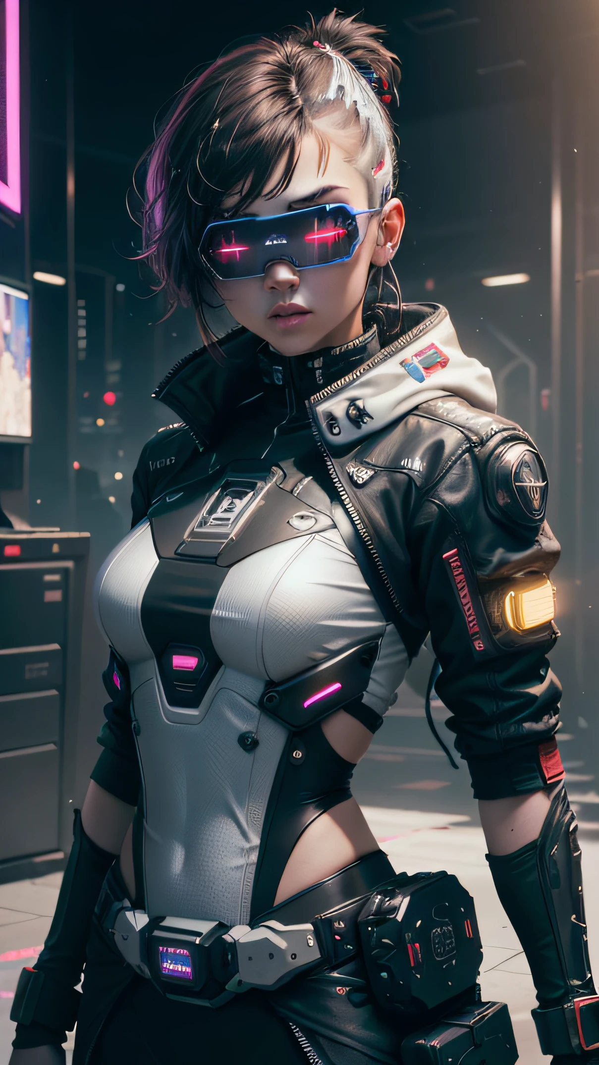 ((Best Quality)), ((Masterpiece)), (Very detailed:1.3), 3D, Beautiful (Cyberpunk:1.3) Female hacker, Mohican hairstyle, back to viewer, thick hair, operating computer terminal, head-mounted display, computer server, LCD screen, fiber optic cable, company logo, HDR (high dynamic range), ray tracing, nvidia RTX, super resolution, Unreal 5, subsurface scattering, PBR texture, post-processing, anisotropic filtering, depth of field, Maximum sharpness and sharpness, multi-layered textures, albedo and highlight maps, surface shading, accurate simulation of light-material interactions, perfect ratios, octane rendering, duotone lighting, low ISO, white balance, rule of thirds, wide aperture, 8K RAW, efficient sub-pixels, subpixel convolution, luminous particles, dynamic pose