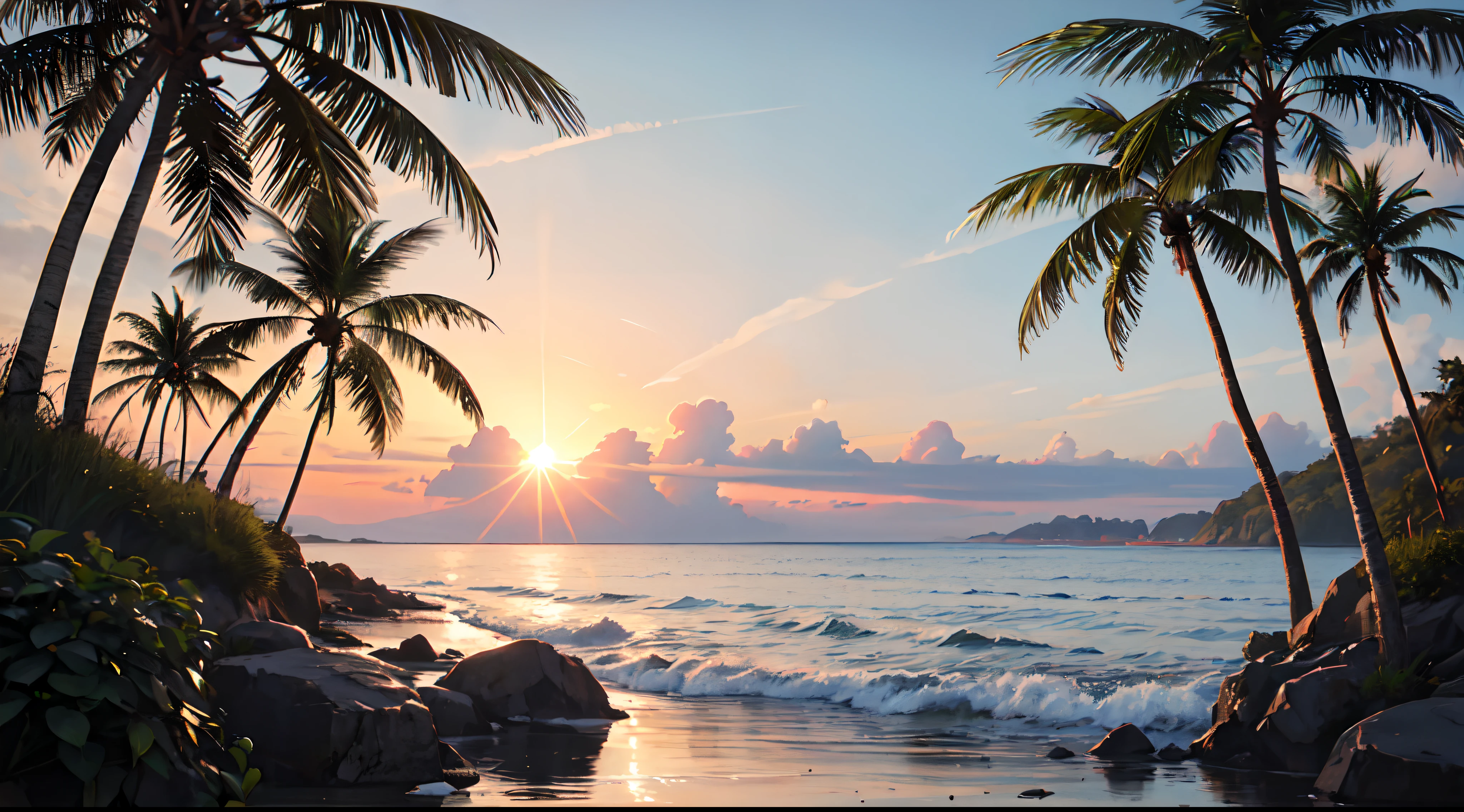 (8K,RAW photos,highest quality, masterpiece,HDR,bloom:1.2),girl,desktop wallpaper,outdoor,cinematic lighting,morning,clouds,Sea,beach,Summer,sky,sun,Coconut tree