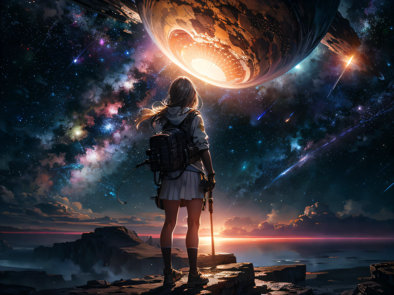 Draw a young female programmer, standing on a research platform floating in the middle of an asteroid belt, turn her back on viewers , from behind,surrounded by several asteroids glowing with fiery auras BREAK Dramatic lighting from distant stars and planets illuminates the scene, casting deep shadows on the suit, looking at the vast and mysterious universe with wonder and respect,BREAK,Detailed,Realistic,4k highly detailed digital art,octane render, bioluminescent, BREAK 8K resolution concept art, realism,by Mappa studios,masterpiece,best quality,official art,illustration,ligne claire,(cool_color),perfect composition,absurdres, fantasy,focused,rule of thirds