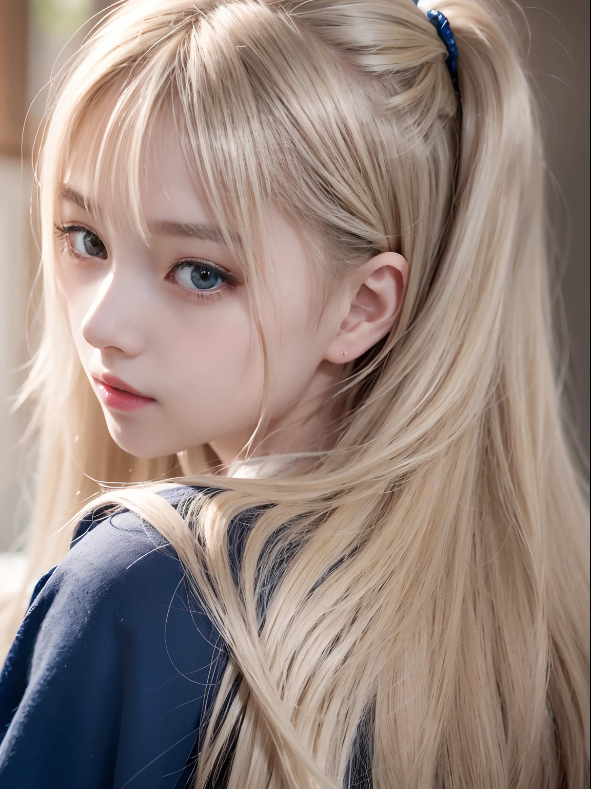 portlate、School Uniforms、bright expression、poneyTail、Young shiny shiny white shiny skin、Best Looks、Blonde reflected light、Platinum blonde hair with dazzling highlights、shiny light hair,、Super long silky straight hair、Beautiful bangs that shine、Glowing crystal clear attractive big blue eyes、Very beautiful nice cute 16 year old girl、Lush bust