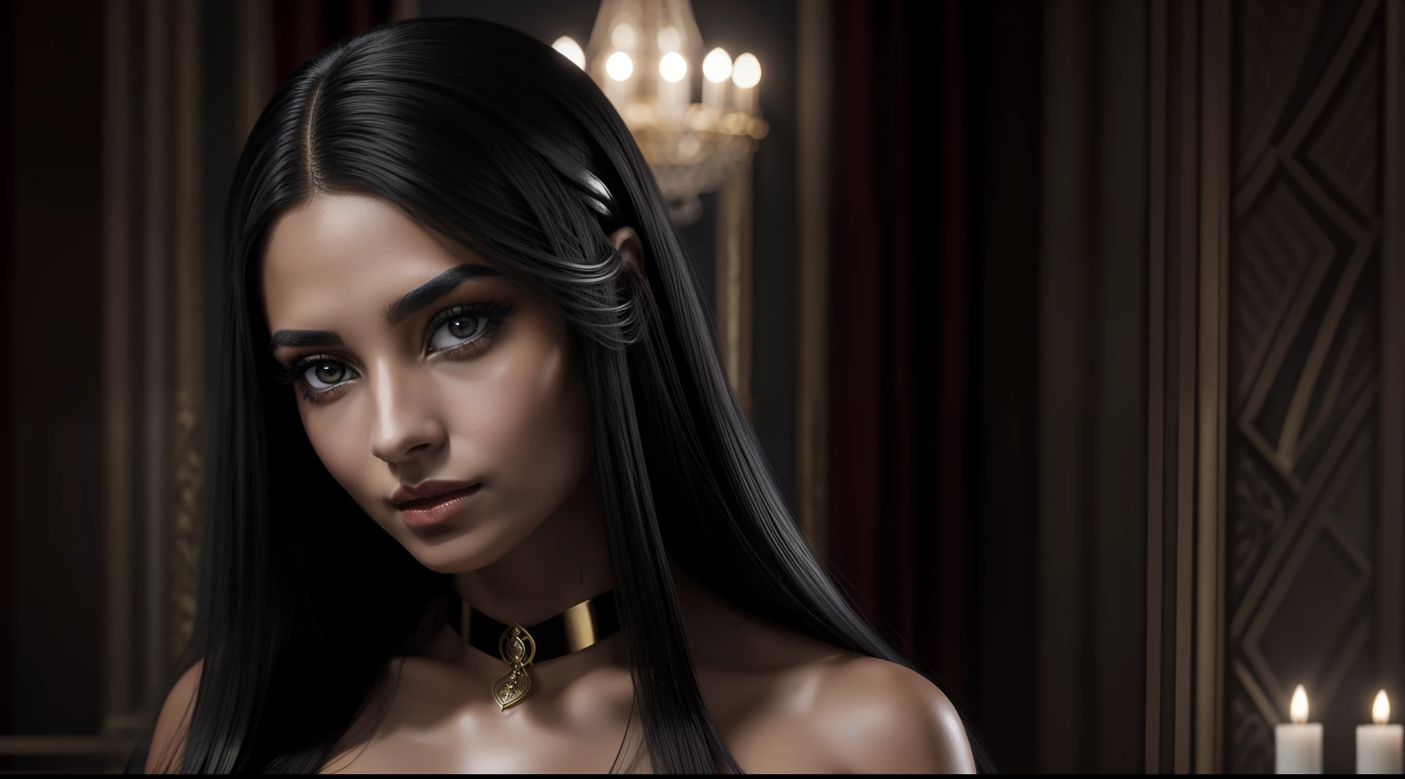 8k, Expect Raw, A beautiful woman, with long black and shiny hair, Cleopatra style, with brown eyes and enveloping, frontal photo, red and seductive lips, imposing woman, confident, a seductive queen, demonstrating what is most real in painting