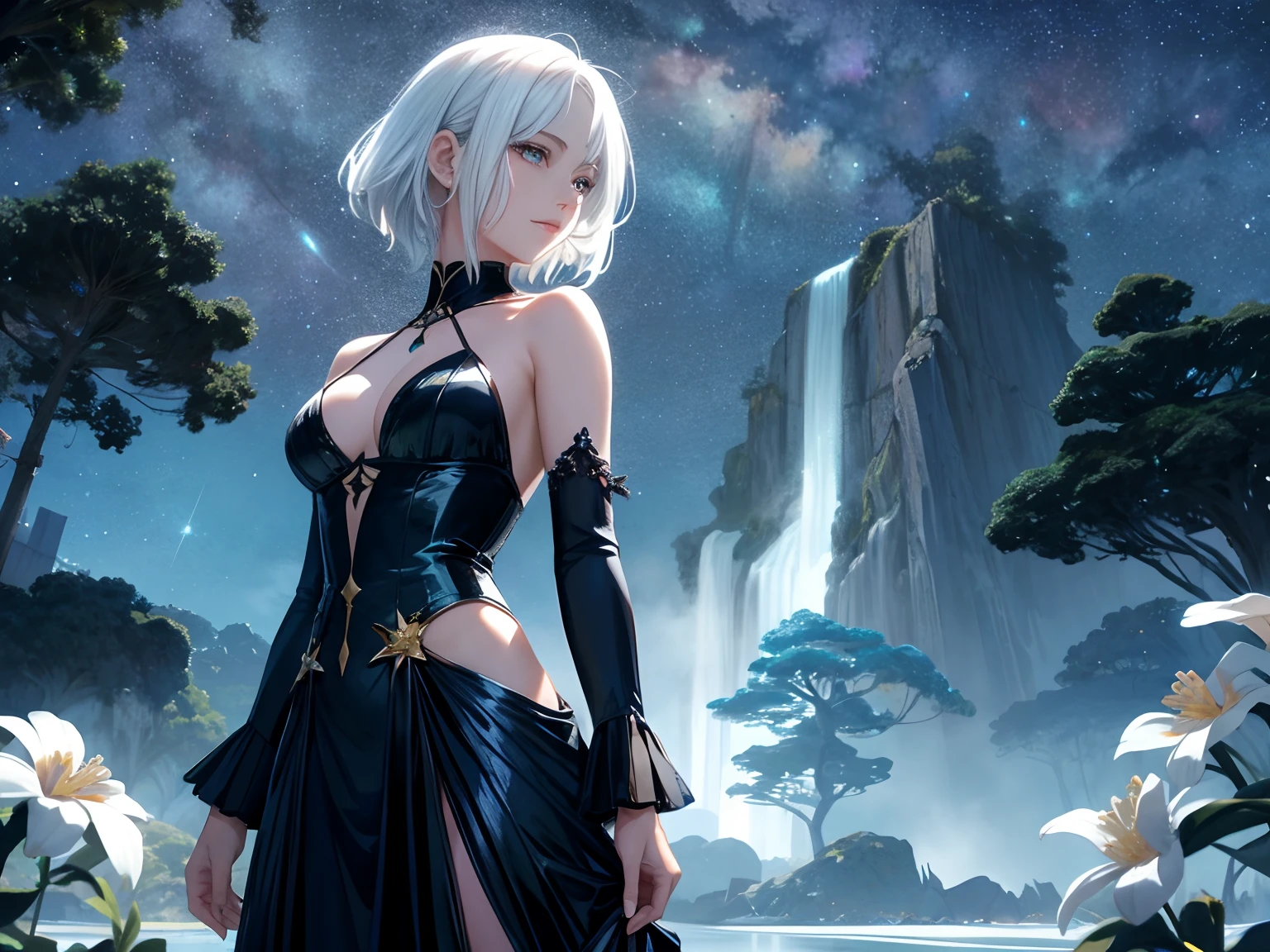 (master part,best quality,Altas,Ultra_circunstanciado:1.2),
(1girl,sozinho:1.2),cara de anime, Corpo alto
(circunstanciado_Background Story),Landscape,((Noite,lua,Starry sky,leitoso_caminho:1.5)),Escuro,((flor:1.6)), Pirilampo, Estrela cadente,Reflexivo, paleta Corida, pintura de anime,Makoto Shinkai 
fantasia, Luz_particuls,ruins:0.5, Lagoa|Rio, floresta de pedra|pilares de pedra, waterfall, penhasco, Sakura,floating,Style-Petal:0.5,nevoeiro:0.4,Magic,octan render, bioluminescente,8K resolution concept art, realismo,by Mappa Studios,master part,best quality,Arte Oficial,illustration,Linha clara,(Fresco_Cor),perfect composition,absurdos, fantasia,concentrado,movimento,(prOfundidade_Of_campo), extension image, red, blue, yellowGoddess of short shoulder-length white hair, No estilo de arte de Bowater, rainha vampira bonita, female disney villain, Beautiful elegant demon queen, rainha feminina vampira bonita, she is the queen of black roses, cabelos brancos carmesim e olhos vermelhos, Lilith