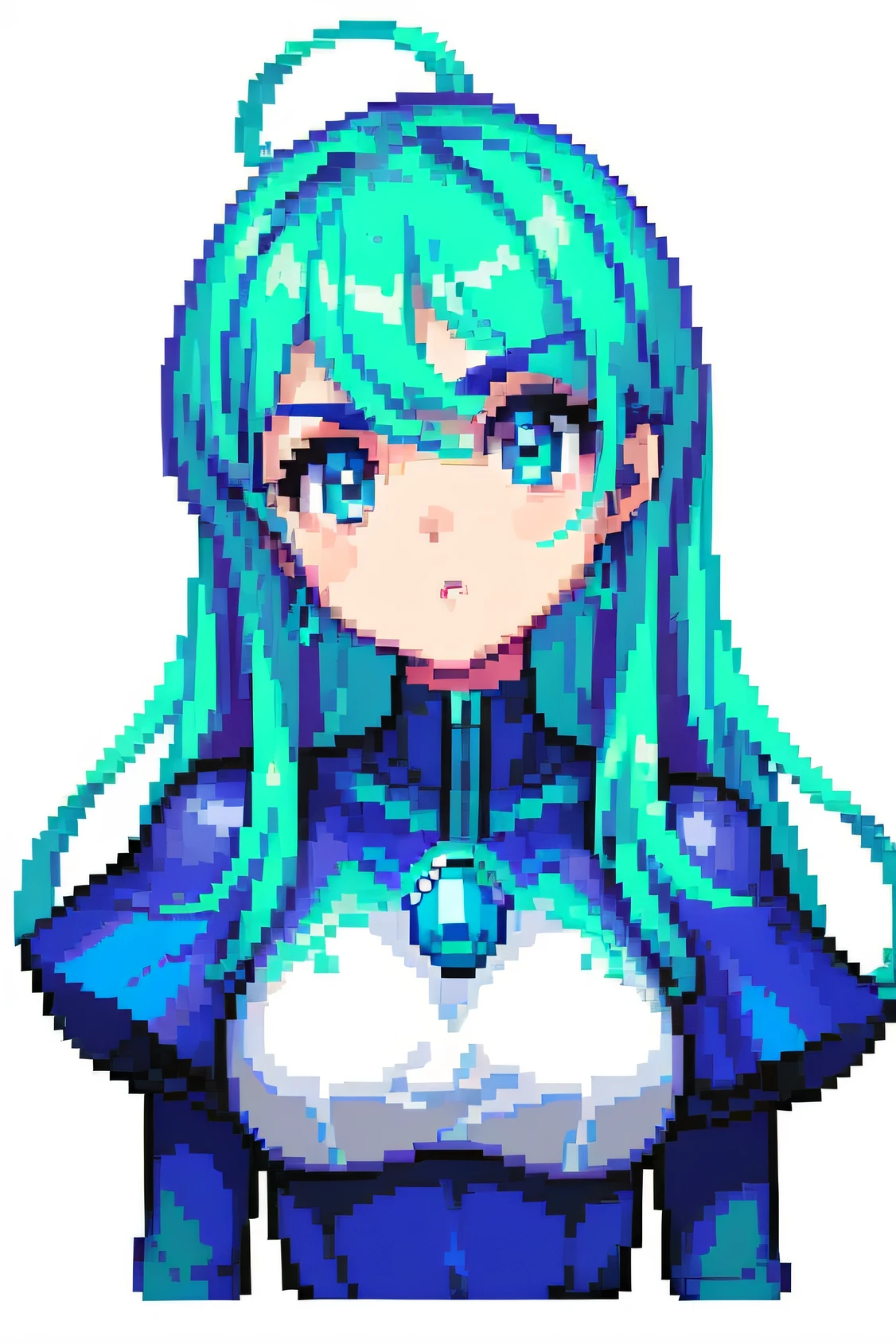 ((no estilo da pixel art)), pixel, Pixel art de 4 bits, 1girl, Close-up, face only, Cabelo azul escuro, cabelos claros internos, olhos cianos, aqua eyes, light particles, cabelo grande, cabelos ondulados, cabelos muito longos, pixel arte oficial, nada absurdo, Olhando para o Viewer, foco solo, Dynamic angle, head tilt, fundo simples, fundo cinza, pixel art ultra detalhado