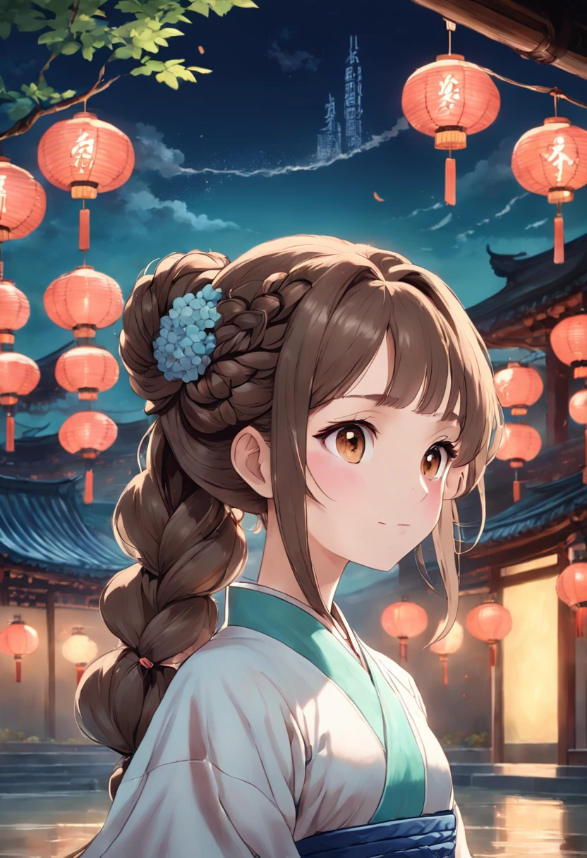 Masterpiece, Best quality, Night, full moon, 1 girl, Mature woman, Chinese style, Ancient China, Sister, Imperial sister, Smile, Brown hair, Princess cut, Single strip of fried dough twisted braid, Coiled hair, Double ball head, Light pink lips, calm, Intellectual, mid hair, green pupills, Hairpin, hydrangea,