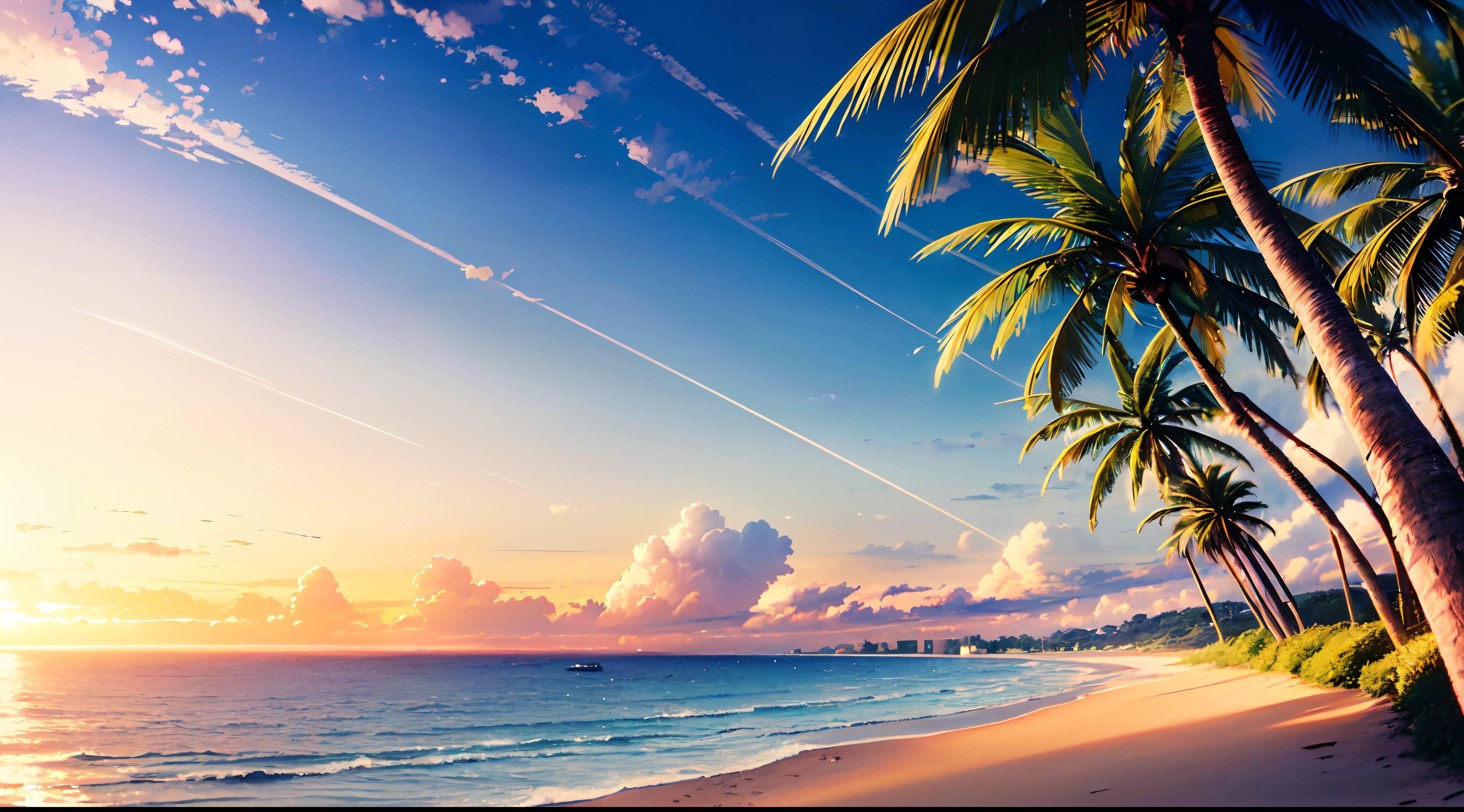 (8K,RAW photos,highest quality, masterpiece,HDR,bloom:1.2),girl,desktop wallpaper,outdoor,cinematic lighting,morning,clouds,Sea,beach,Summer,sky,sun,Coconut tree