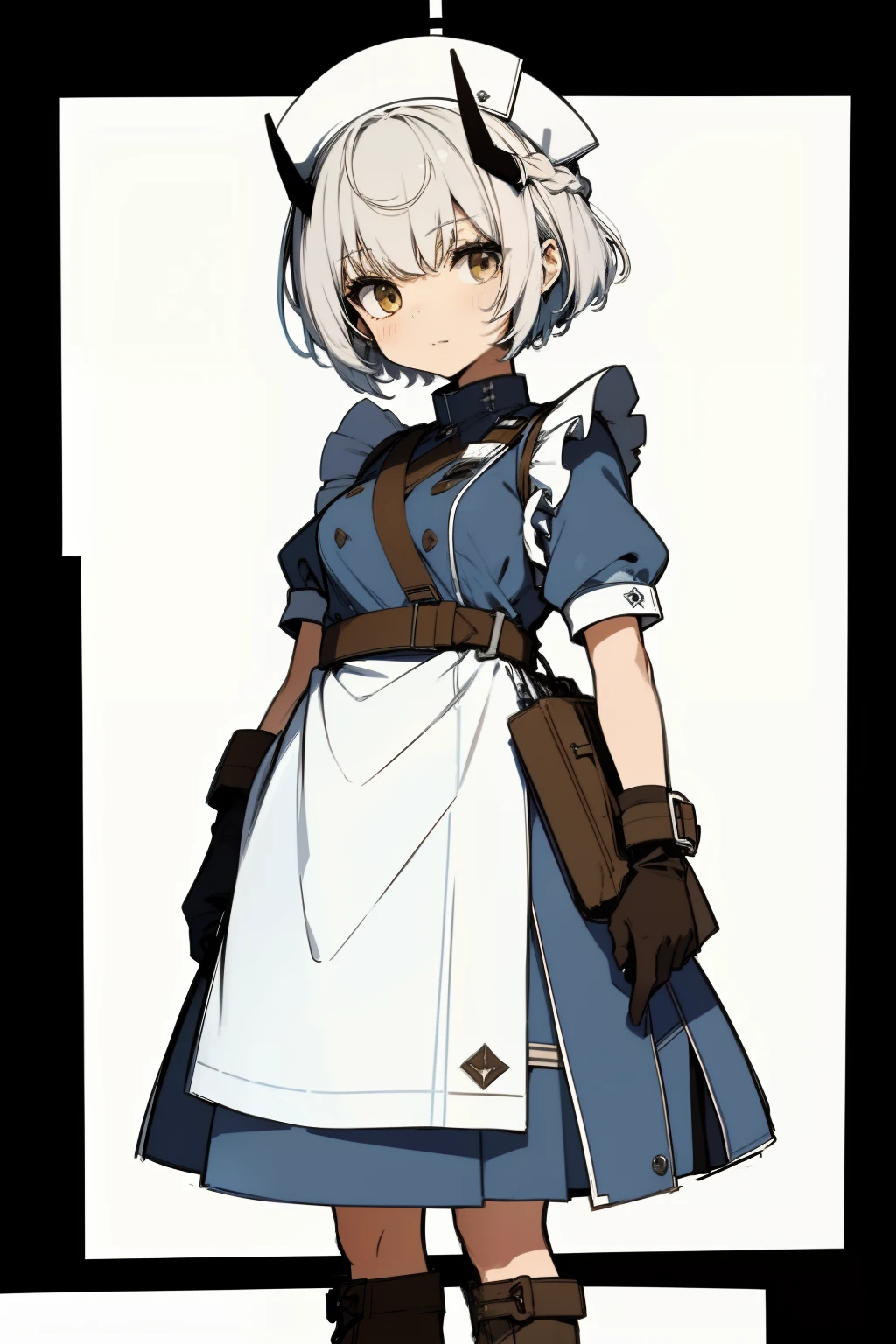 (Himlosena,11 years old,sketch,Portrait,Flat color:1.2),White hair,short-hair, gloves, Blue Dress, Apron, Nurse Cap, arm band, Horns,Brown boots,action, White background,Halo,Looking to the side,medium breasts,piece sign