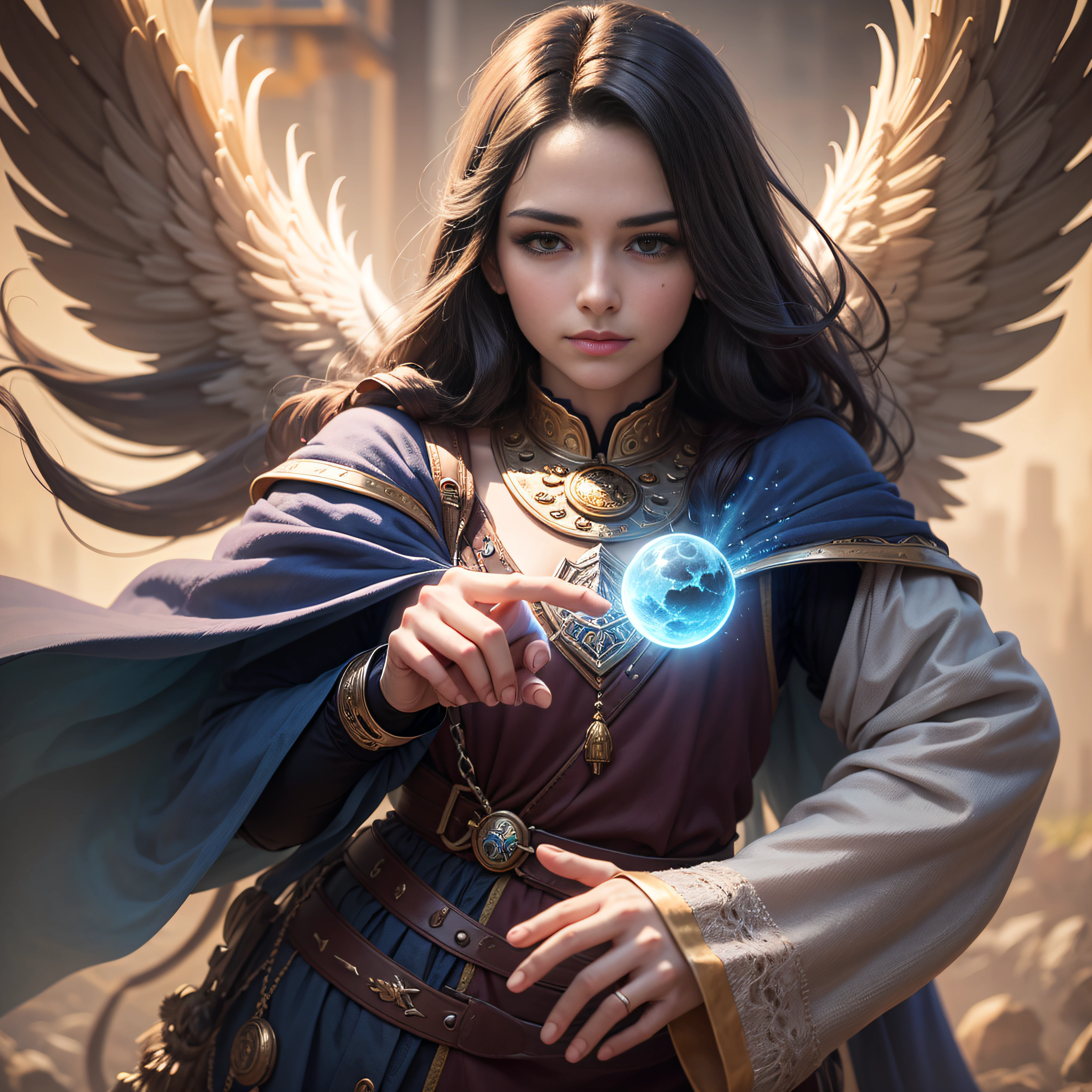 Na imagem, An ethereal scenario unfolds, banhado em suaves tons de ouro e azul. Um ser luminoso, com asas feitas de raios de luz, paira suavemente no ar, emanando uma aura reconfortante. Seu olhar gentil e sereno encontra o olhar de um amigo, whose face reflects a mixture of admiration and gratitude. As the divine being reaches out in a gesture of support, o amigo se encontra em um caminho sinuoso, shrouded in shadows and doubts. No entanto, a luminosidade do ser transcende essas trevas, offering guidance and safety. A paisagem ao redor retrata uma jornada em curso, marcada por desafios, but also for the optimism and courage shared among these fellow riders., middle ages, Realistic, 4k