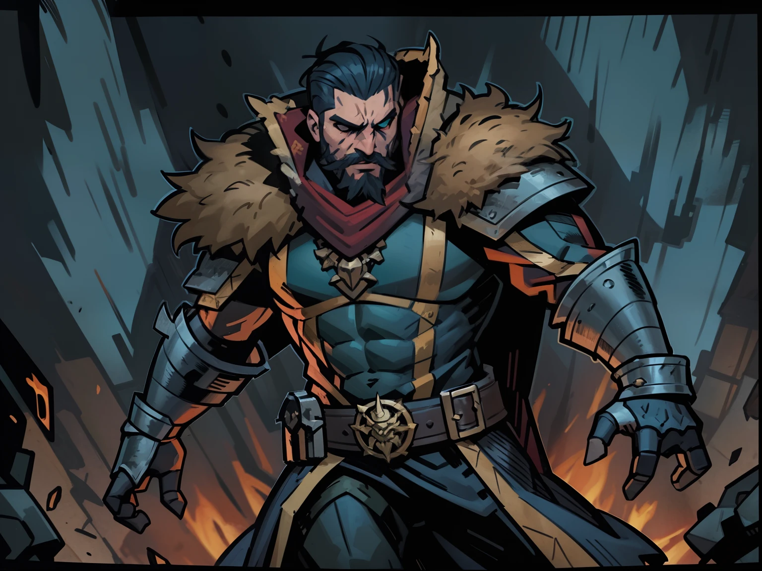 Darkest dungeon style, comics frame, Sadurang from Marvel, hunk, shoulder length mane hair, defined face, detailed eyes, short beard, glowing red eyes, dark blue hair, wearing demon hunter armor set, cape of furs, action pose