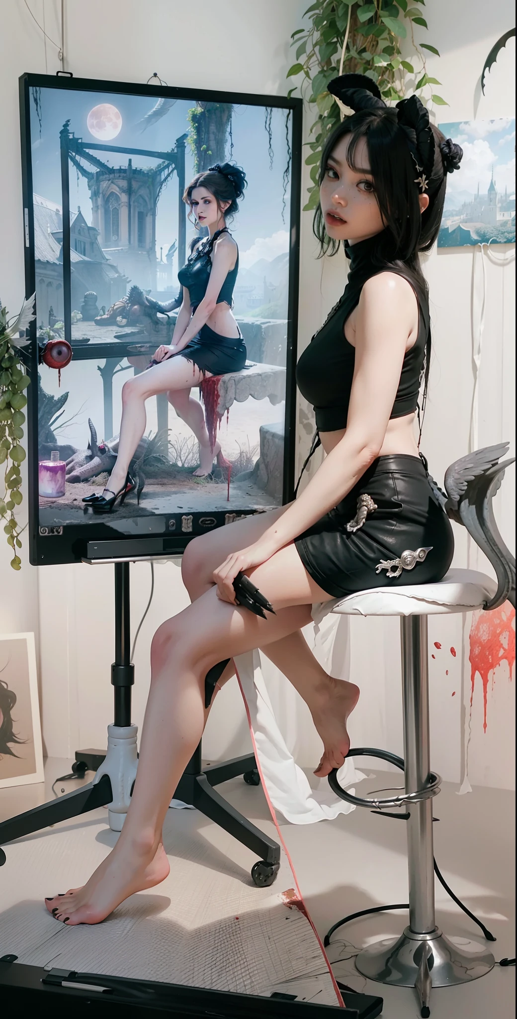 Fine matte paint,Skeleton Dark Angel, Haunted castle with large wings, Fill the drawing table with a knife,terroral,uncanny,horrid,secret terror,tentaculata,grape trees,The eye,uncanny valley effect teeth,all fours,Critters,Blood Moon,4K,high qulity,Beautuful Women,Delicate face