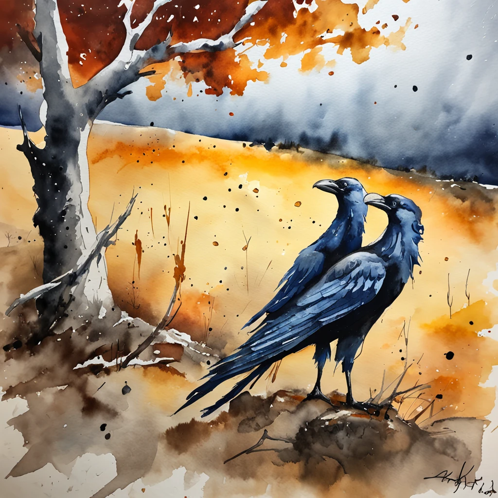 Two crows in a dead tree, Uma sombra em Forma de andador, Noite estrelada, Thick fog on the ground, Luz azul no horizonte, Motor Unreal 5, cinemactic, Low-angle photography, motion blur, proFundidade de campo, dust, Cobblestones and dirt. arte splash, pingando tinta. Perfect color classification. inFluenciado por karel Appel e jeremy mann, Full of dramatic and threatening scenes, hiper-detalhado, Beautiful, detalhes insanos, detalhes intrincados, FotograFia Editorial, FotograFado com uma lente de 50mm, proFundidade de campo, Tilt Blur, Velocidade do obturador 1/1000, F/22. Mapas de luz, super brilhante