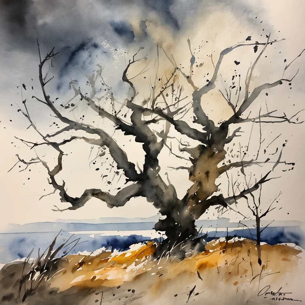 Two crows in a dead tree, Uma sombra em Forma de andador, Noite estrelada, Thick fog on the ground, Luz azul no horizonte, Motor Unreal 5, cinemactic, Low-angle photography, motion blur, proFundidade de campo, dust, Cobblestones and dirt. arte splash, pingando tinta. Perfect color classification. inFluenciado por karel Appel e jeremy mann, Full of dramatic and threatening scenes, hiper-detalhado, Beautiful, detalhes insanos, detalhes intrincados, FotograFia Editorial, FotograFado com uma lente de 50mm, proFundidade de campo, Tilt Blur, Velocidade do obturador 1/1000, F/22. Mapas de luz, super brilhante