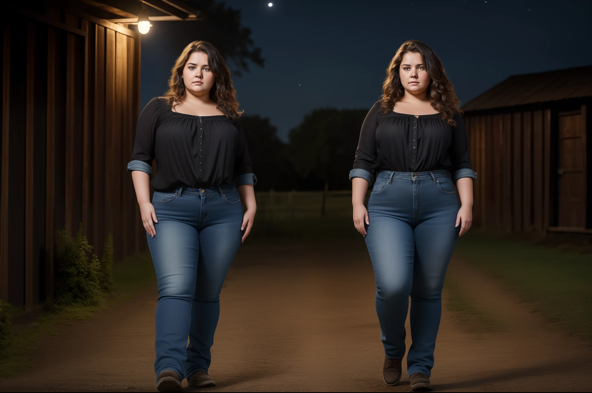 ultra realistic 8k image of a 22 year old woman, ugly, wavy hair, chubby, dressed in a black blouse and jeans, standing in a night farm, troubled expression, looking to the side