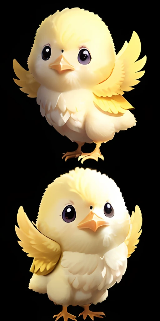 \Imagine a little yellow chick, in various poses and expressions, on a white background, fluffy with a glowing eye near a barn on a farm