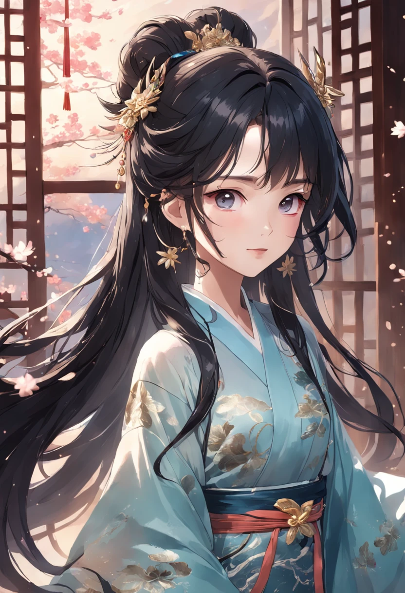 Mature girl ,black color hair,Floating hair,Delicate and agile eyes,Starry pupils,Intricate damask hanfu,Gorgeous accessories,Wearing pearl earrings,fov,f1.8,tmasterpiece,Complexscenes,Petals flying,Frontal portrait shot,Chang'e special forces,temperament,beautiful and seductive,knight-errant,High ponytail,Peerless beauty,Fine,perfect bodies,hair adornments,long whitr hair,Absolutely beautiful,Black jumpsuit,agent,Black belly,Ace,Smile