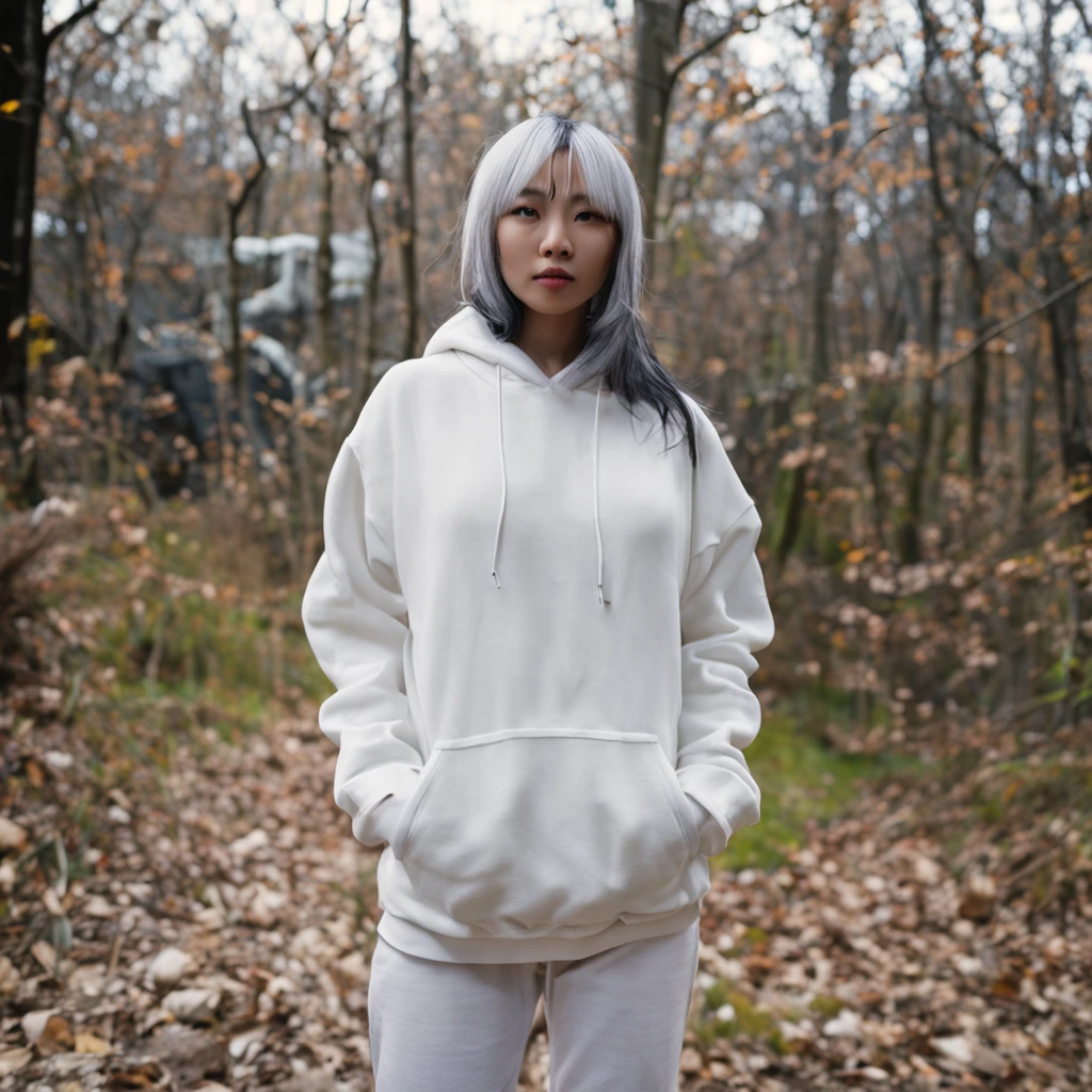 A white haired asian woman in a white hoodie