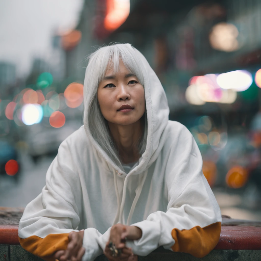 A white haired asian woman in a white hoodie