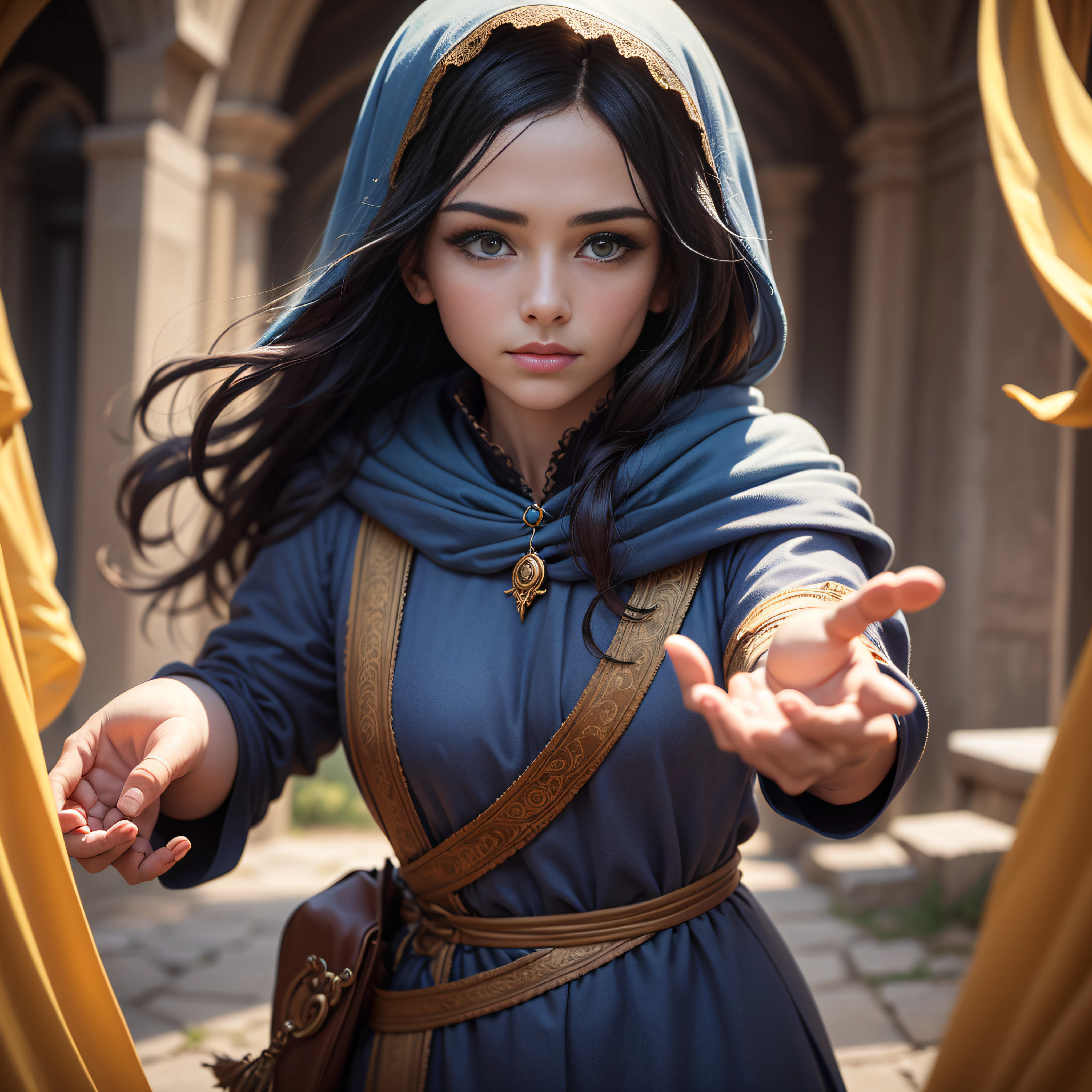 Na imagem, An ethereal scenario unfolds, banhado em suaves tons de ouro e azul. Um ser luminoso, com asas feitas de raios de luz, paira suavemente no ar, emanando uma aura reconfortante. Seu olhar gentil e sereno encontra o olhar de um amigo, whose face reflects a mixture of admiration and gratitude. As the divine being reaches out in a gesture of support, o amigo se encontra em um caminho sinuoso, shrouded in shadows and doubts. No entanto, a luminosidade do ser transcende essas trevas, offering guidance and safety. A paisagem ao redor retrata uma jornada em curso, marcada por desafios, but also for the optimism and courage shared among these fellow riders., middle ages, Realistic, 4k