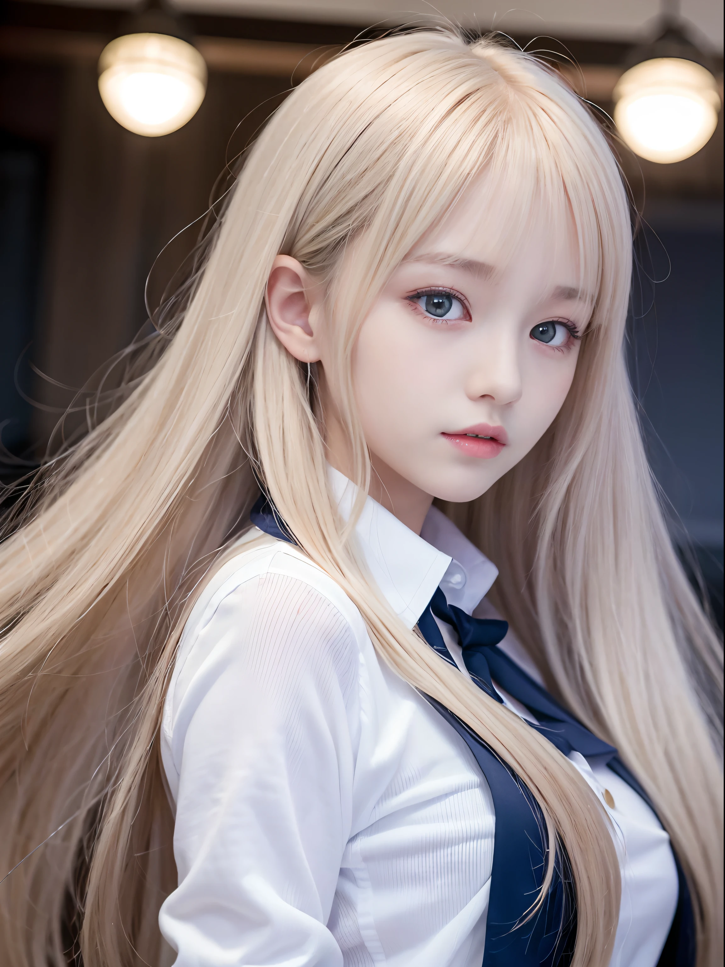 portlate、School Uniforms、bright expression、poneyTail、Young shiny shiny white shiny skin、Best Looks、Blonde reflected light、Platinum blonde hair with dazzling highlights、shiny light hair,、Super long silky straight hair、Beautiful bangs that shine、Glowing crystal clear attractive big blue eyes、Very beautiful nice cute  girl、Lush bust