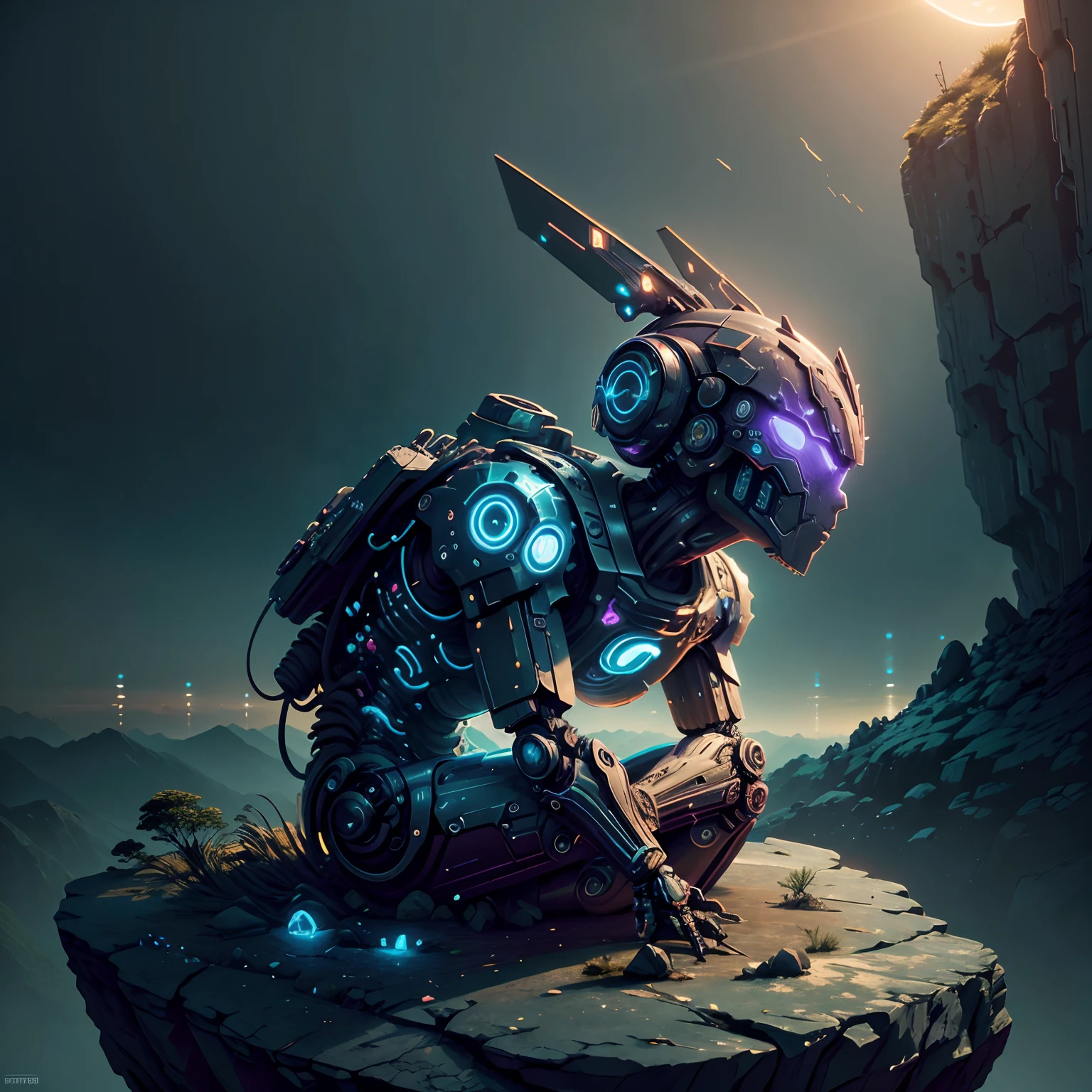 A robot sitting on top of a rock with a purple light in the background, parede-e, parede - e, Anato Finnstark, Foto 8k, arte conceitual, animification, Arte 3D, (Dieselpunk), Greenpunk, sun sunset, estrela cadente