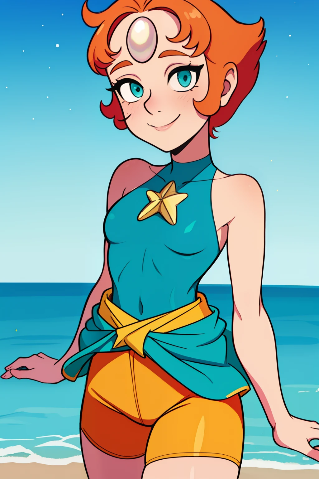 Pearl,short orange hair, forehead jewel, half-open eyes, standing, close up, smiling , solo,  upper body  
PeDres,Blue leotard with tiny gold star on front, small blue skirt, teal ribbon around waist, yellow bike shorts, pink socks, bare shoulders ,sleeveless,
 nighttime, beach, stars,
 (insanely detailed,beautiful detailed face, masterpiece, best quality)