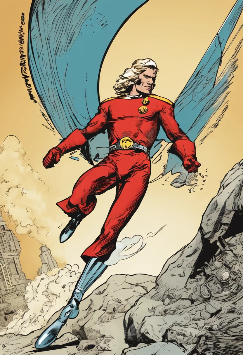 Flash Gordon is a fictional character who emerged as the protagonist in a series of comic books created by artist Alex Raymond. He made his first appearance on 7 January 1934 in a newspaper strip, and has since become an icon of science fiction and pop culture. Here is a detailed description of the character:

Physical appearance:
Flash Gordon is depicted as a young, athletic man, with an attractive and striking appearance. Ele tem cabelos loiros, often combed back in an elegant and casual manner. Their eyes are usually blue or light, reflecting his courageous and determined spirit.

Typical costume:
He is often seen wearing a distinctive space suit, composto por uma camisa justa de manga curta em uma cor vibrante, como vermelho ou azul, combined with fitted pants and high boots. Your costume may also include metallic or chrome details, giving it a futuristic look. Ademais, Flash usually wears a wide belt that enhances his silhouette and carries his tools and weapons.

Personalidade:
Flash Gordon is known for his courage, Determination and sense of justice. He is an intrepid hero who is willing to face unimaginable dangers to protect the greater good. His personality is marked by an altruistic and optimistic attitude, always willing to help those in need and face seemingly impossible challenges.

Habilidades e Atributos:
Embora Flash Gordon seja um ser humano comum, He is often portrayed as extremely skilled in a number of areas, como combate corpo a corpo, spacecraft piloting and basic scientific knowledge. His quick intelligence and adaptability are traits that help him overcome difficult situations.

History and Adventures:
Flash Gordon is known for his interplanetary adventures, often facing off against extraterrestrial villains and saving worlds in danger. He is often involved in interstellar conflicts and alliances with other heroes and