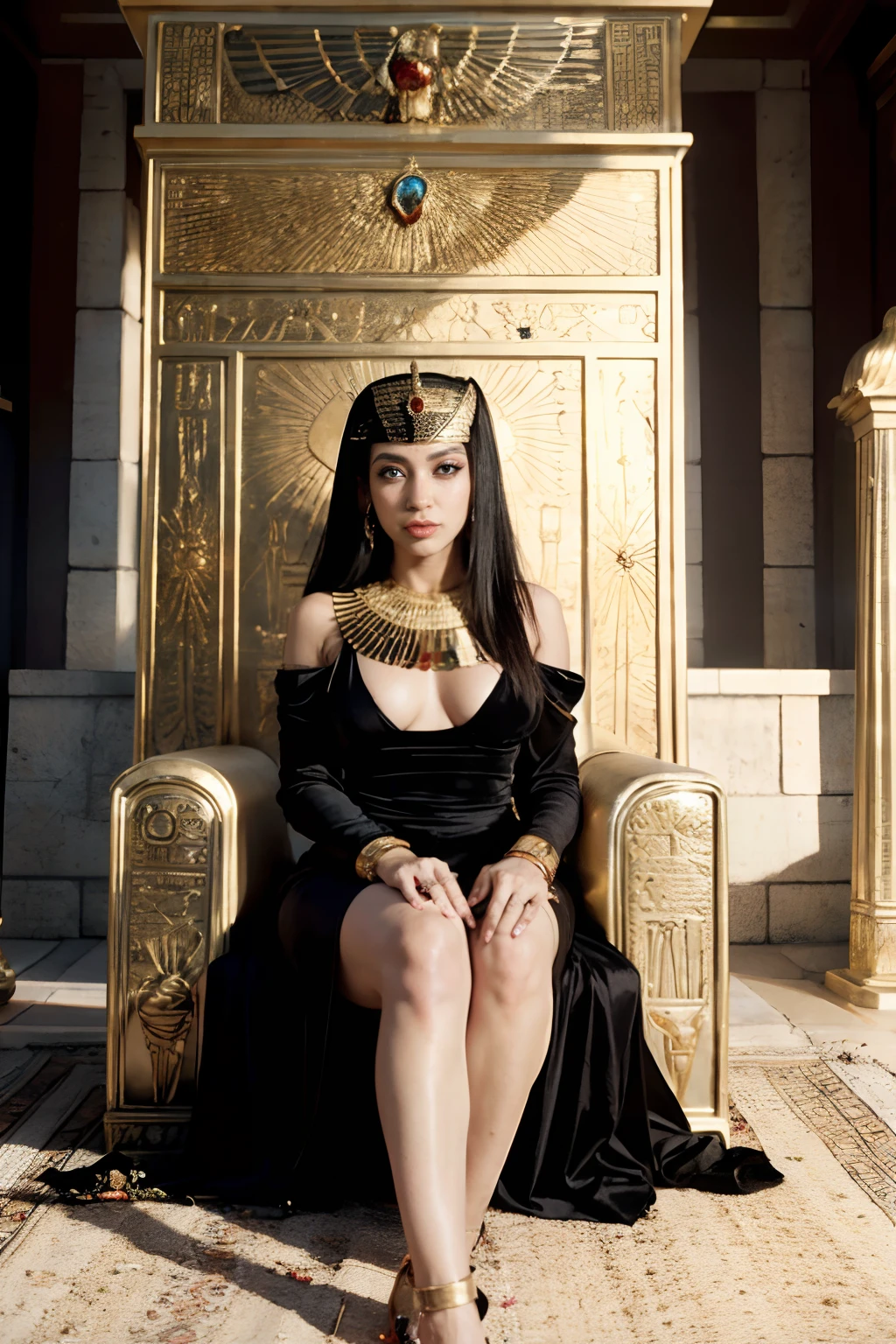 araffe woman in a black dress sitting on a gold couch, beautiful cleopatra, egyptian princess, on her throne, a beautiful fantasy empress, goddess queen, cleopatra in her palace, sitting on her throne, cardi b, persian queen, cleopatra, sitting on golden throne, ((a beautiful fantasy empress)), sitting on a golden throne, beautiful goddess