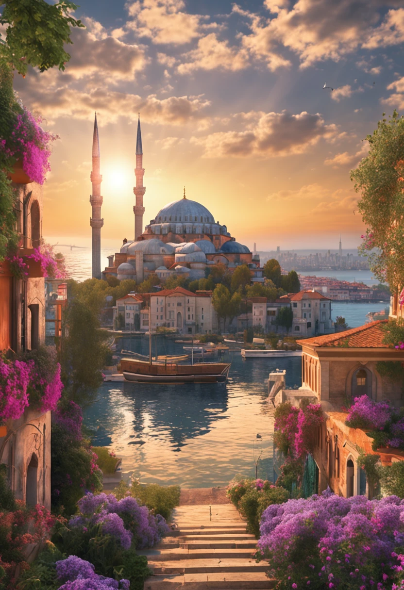 Enchanting view of the city of constantinople (0.2), magnificent domes and minarets reaching the sky (0.15), Byzantine mosaics glistening in the sun (0.1), surrounded by lush gardens in full bloom (0.15), distant silhouette of the Istanbul cityscape (0.1), calm waters of the Bosphorus in the foreground (0.1), sunset tones painting the scene in warm colors (0.1), rendered in the artistic styles of the impressionist traits of Claude Monet (0.05) and in the idyllic, light-infused setting of Thomas Kinkade (0.05)
