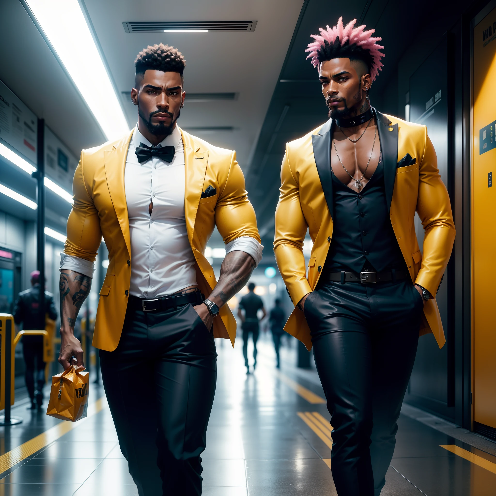 I'd like a cyberpunk style image in 4k average photo of two black characters ,30 anos de idade,,africano, forte, musculoso,Bodybillder,muito forte de pele negra ,barba grande,barba, Estiloso Barbon,com cabelo punk estilo anos 80 na cor amarelo e cinza escuro,muito eLegante,, futurista e estiloso neon , com uma tatuagem super colorida e com neon ,Toattoo, facing a metro station on the platform , with station lights failing in a dimly lit environment, standing dressed in a dark yellow suit with a pink bow tie and baggy shirt.