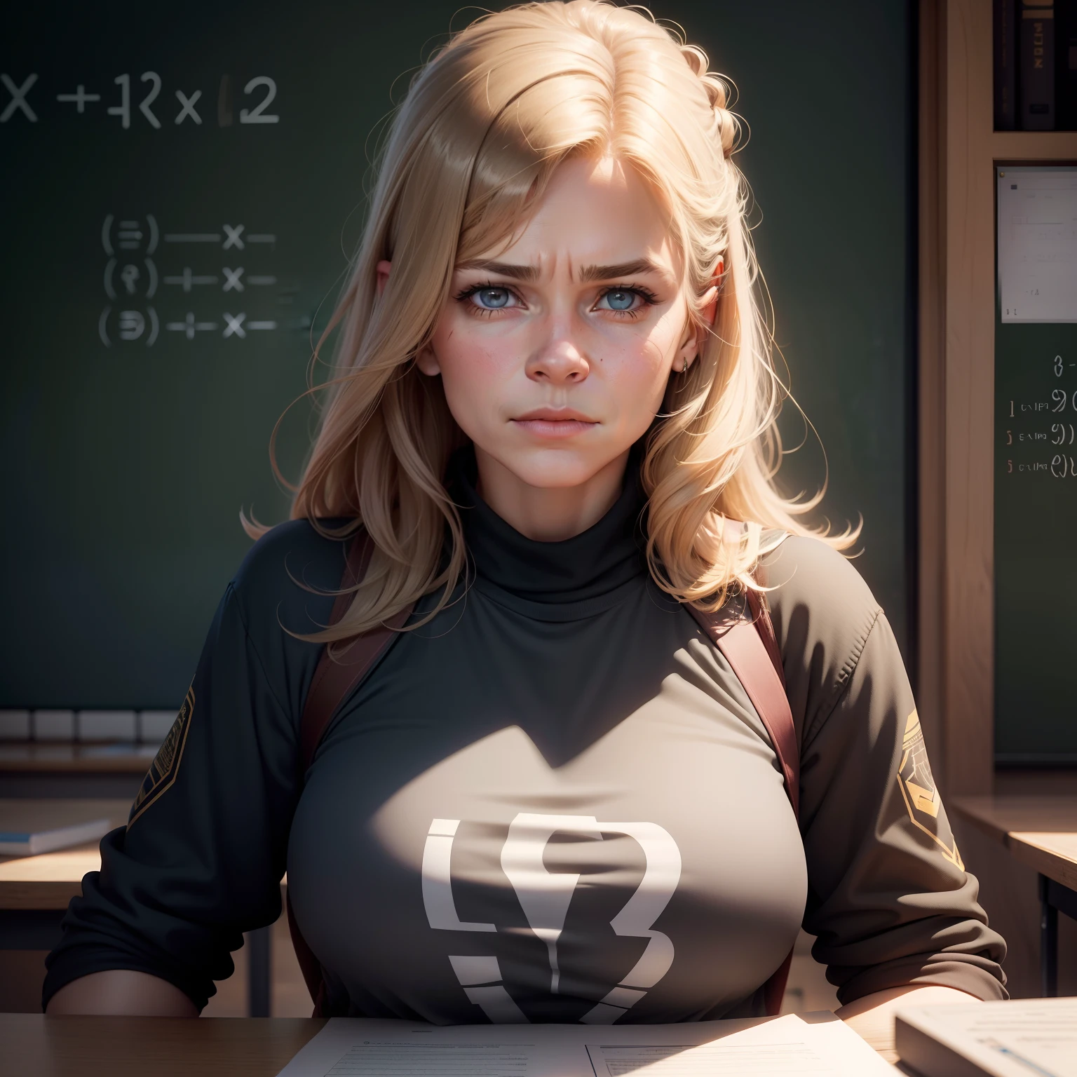 Math teacher who looks like Linda Hamilton. Ela escreve conjuntos no quadro. imagem ultra realista (8k)