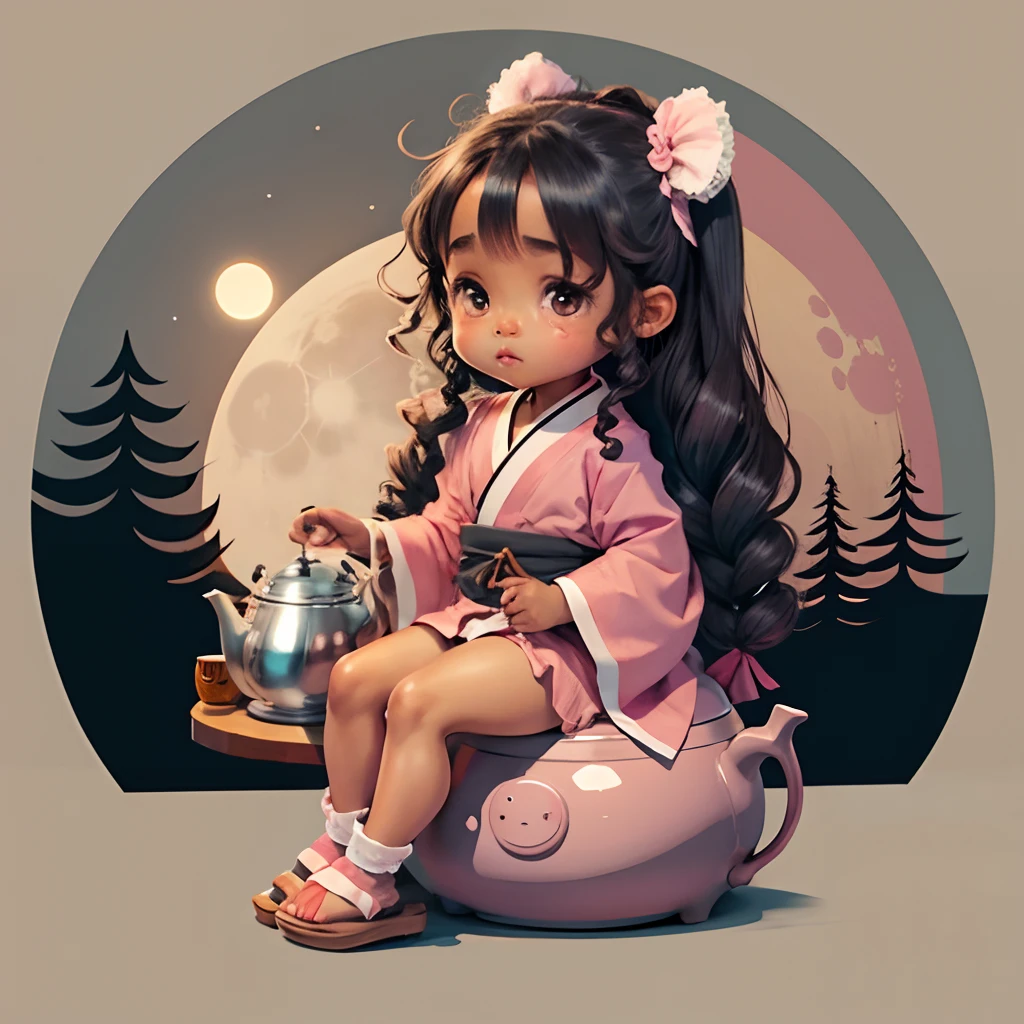 Cute dark brown skinned chibi anime, grey and pink kimono, sit in the teapot, moon, long curly black hair, clear toes, clear feet, freckle face, wear sandals, hair tied up