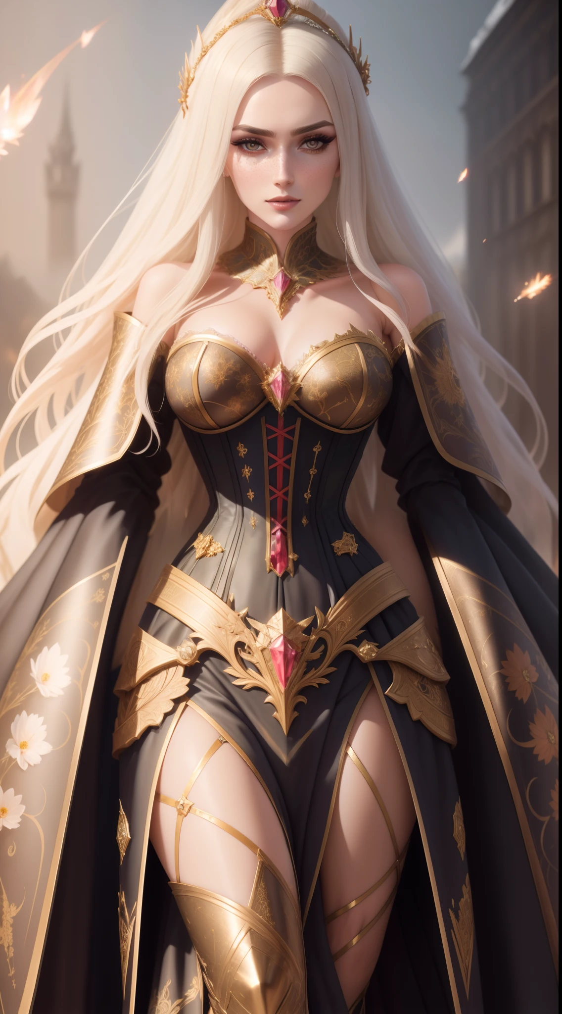 A beautiful Slavic queen wearing a corset, covered in floral crystal jewels filigree,bold and majestic look, hyperdetailed