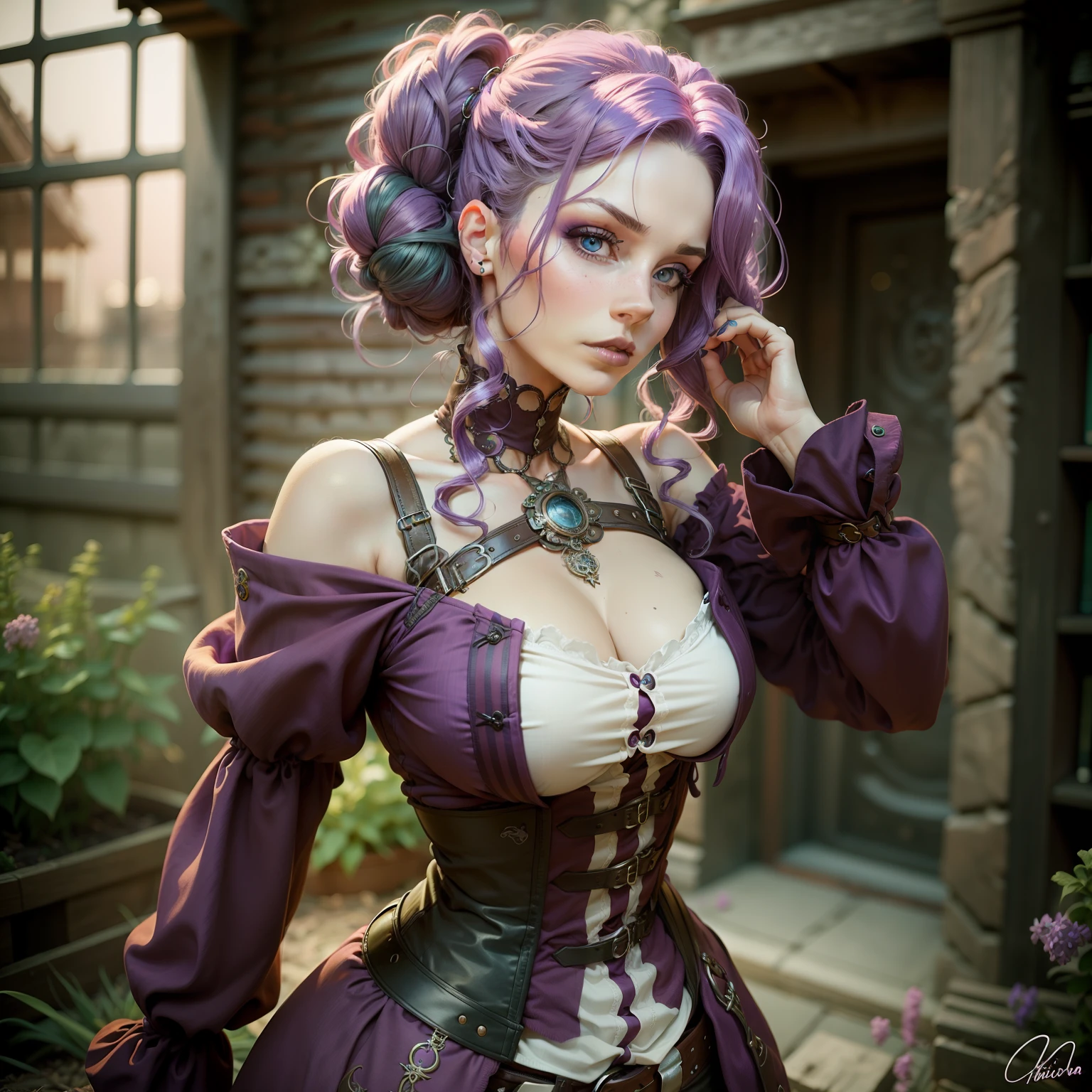 Woman held of lilac hair, mulher realizada, cabelo verde, steampunk, mulher adulta, olho azul, realistas, olhos azuis, corpo inteiro, lilac hair