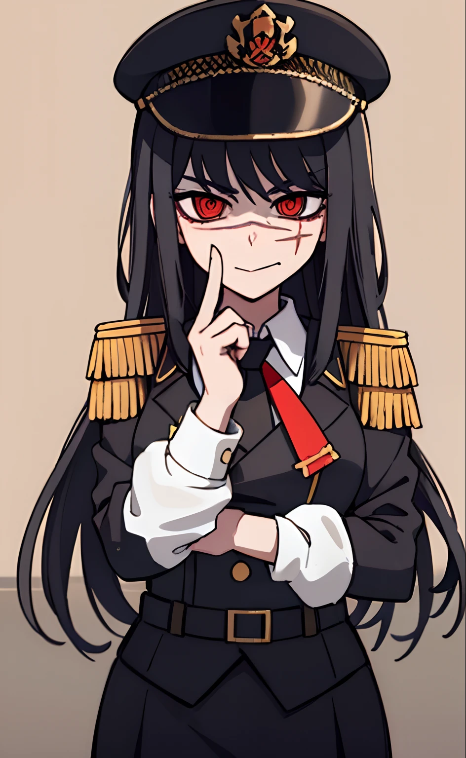 (masterpiece, best quality: 1.2), Solo, 1girl, Yoru \(Chainsaw Man\), looking at the viewer, different poses, red eye, long hair, completely black hair, reference to clothing of a German WWII general, black long sleeves (best quality), scar on face, beautiful eyes, has only 2 arms, has war medals on his clothes, Black Military Cap, Golden Eagle Medal on Clothing,  (Wallpaper), (8K HD), (8K HD), Golden Shoulder Pads, Sprites, 1 Single Design (masterpiece, best quality: 1.2), Solo, 1girl, Yoru \(Chainsaw Man\), looking at the viewer, smile, happy, different poses, red eye, long hair, completely black hair, reference to clothing of a German WWII general, black long sleeves (best quality), scar on face,  beautiful eyes, has only 2 arms, has war medals on his clothes, black military cap, golden eagle medal on clothing, (wallpaper), (8K HD), (8K HD), (8K HD), golden shoulder pads, sprites, 1 single design