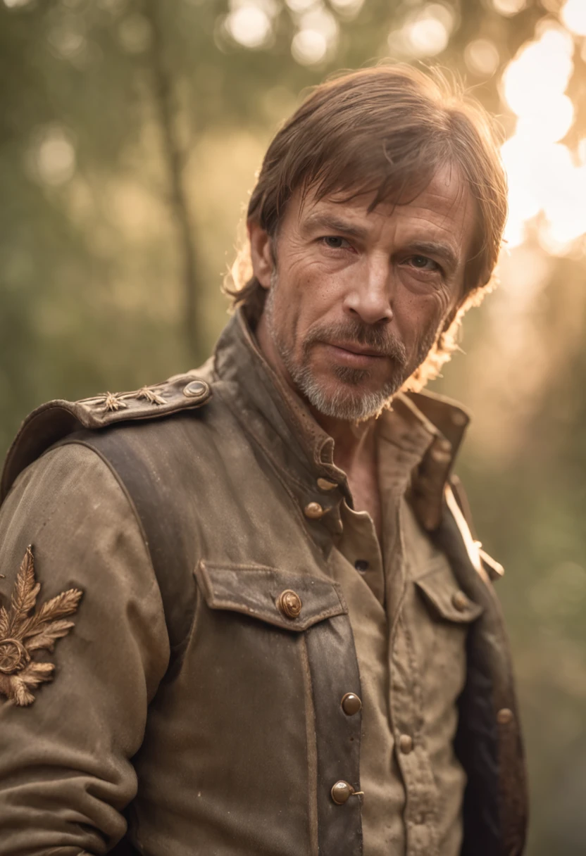 Romanticism style realistic portrait,close-up Chuck Norris soldier_outfit, cool dry vintage colors, hd, UHD, intricate details, sunset, amazon jungle, dry trees, puddles of water reflecting sunbeam, Photoshop_corretions_details, greg rutkowski, cinematic shading , low_key, award-winning art, best quality