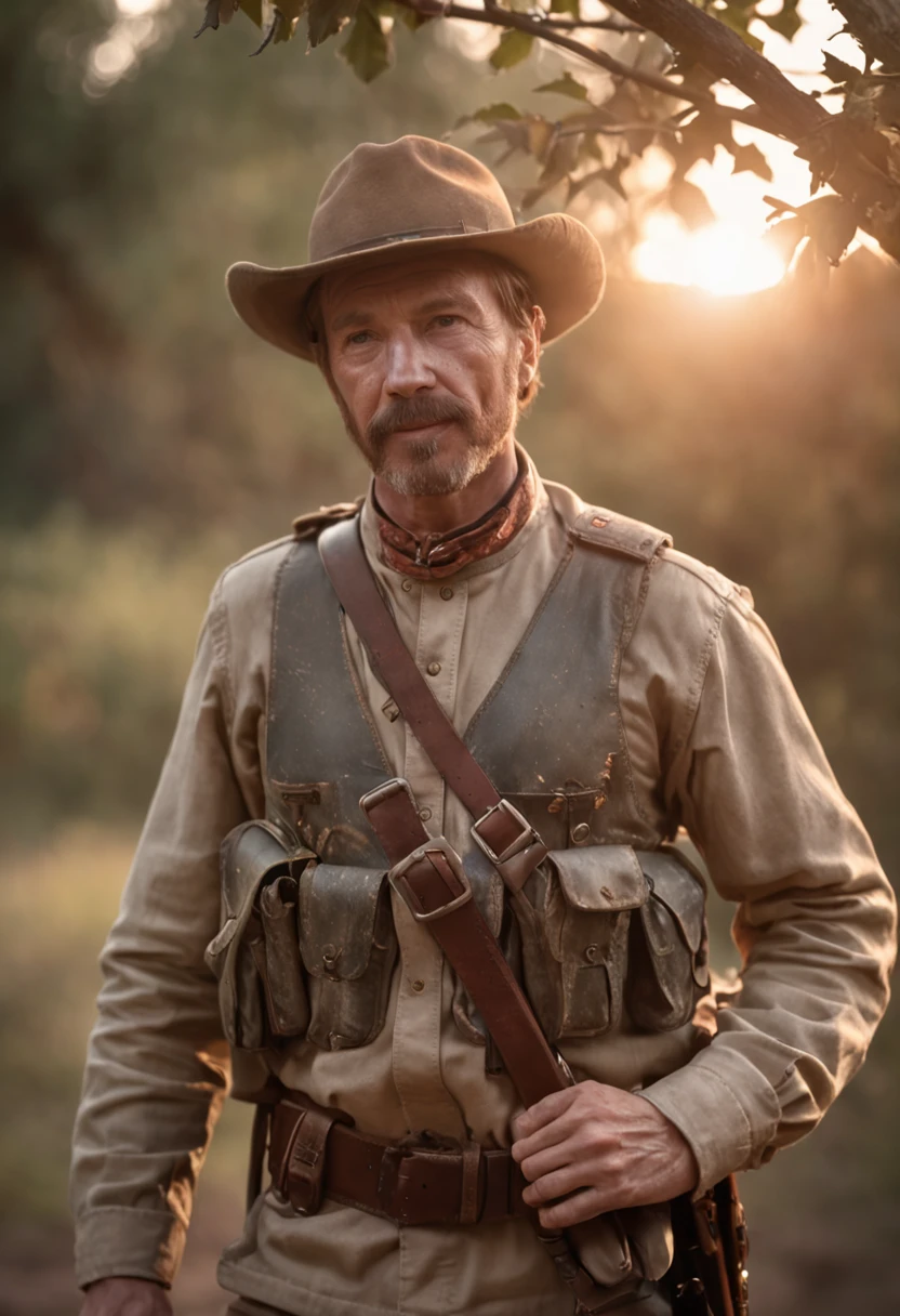 Romanticism style realistic portrait,close-up Chuck Norris soldier_outfit, cool dry vintage colors, hd, UHD, intricate details, sunset, amazon jungle, dry trees, puddles of water reflecting sunbeam, Photoshop_corretions_details, greg rutkowski, cinematic shading , low_key, award-winning art, best quality