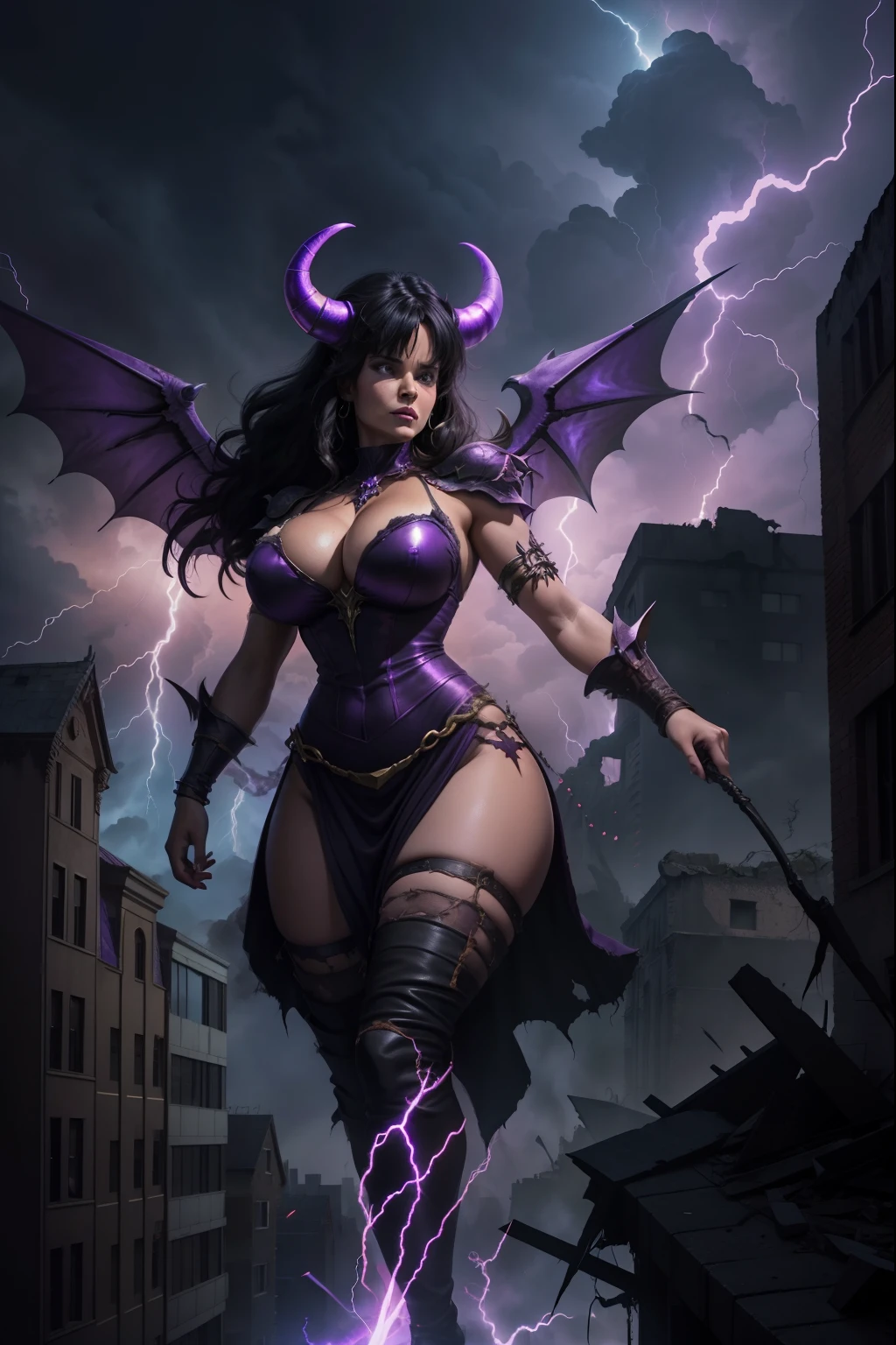 Lisa Ann as a hyper-giant, Hyper-powerful demon with a demon horn on its head and demon wings, and throws purple lightning bolts at a building, ville en ruine post apocalyptique,