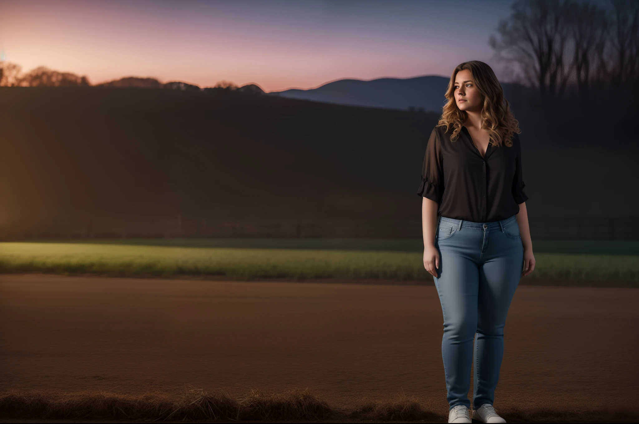 ultra realistic 8k image of a 22 year old woman, ugly, wavy hair, chubby, dressed in a black blouse and jeans, standing in a night farm, feared expression, looking to the side