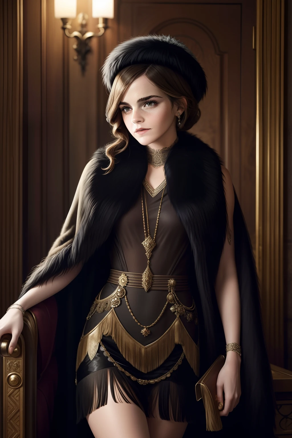 Emma Watson in a 1920s flapper-inspired costume, with a luxurious fur stole and a vintage hat, exuding elegance and charm.