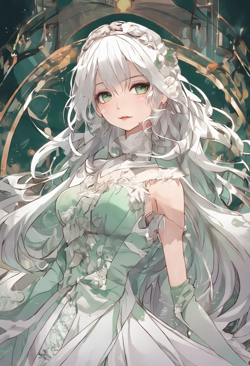 girl with long white hair, green eyes, wearing white anime style dress