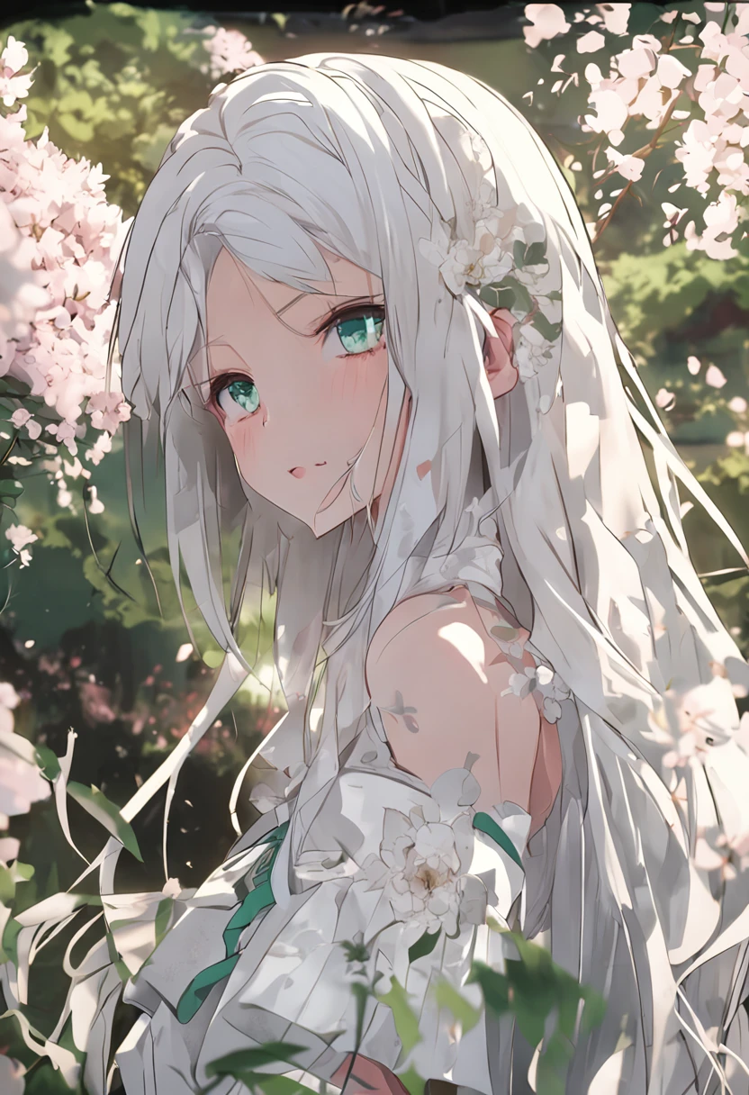 girl with long white hair, green eyes, wearing white anime style dress